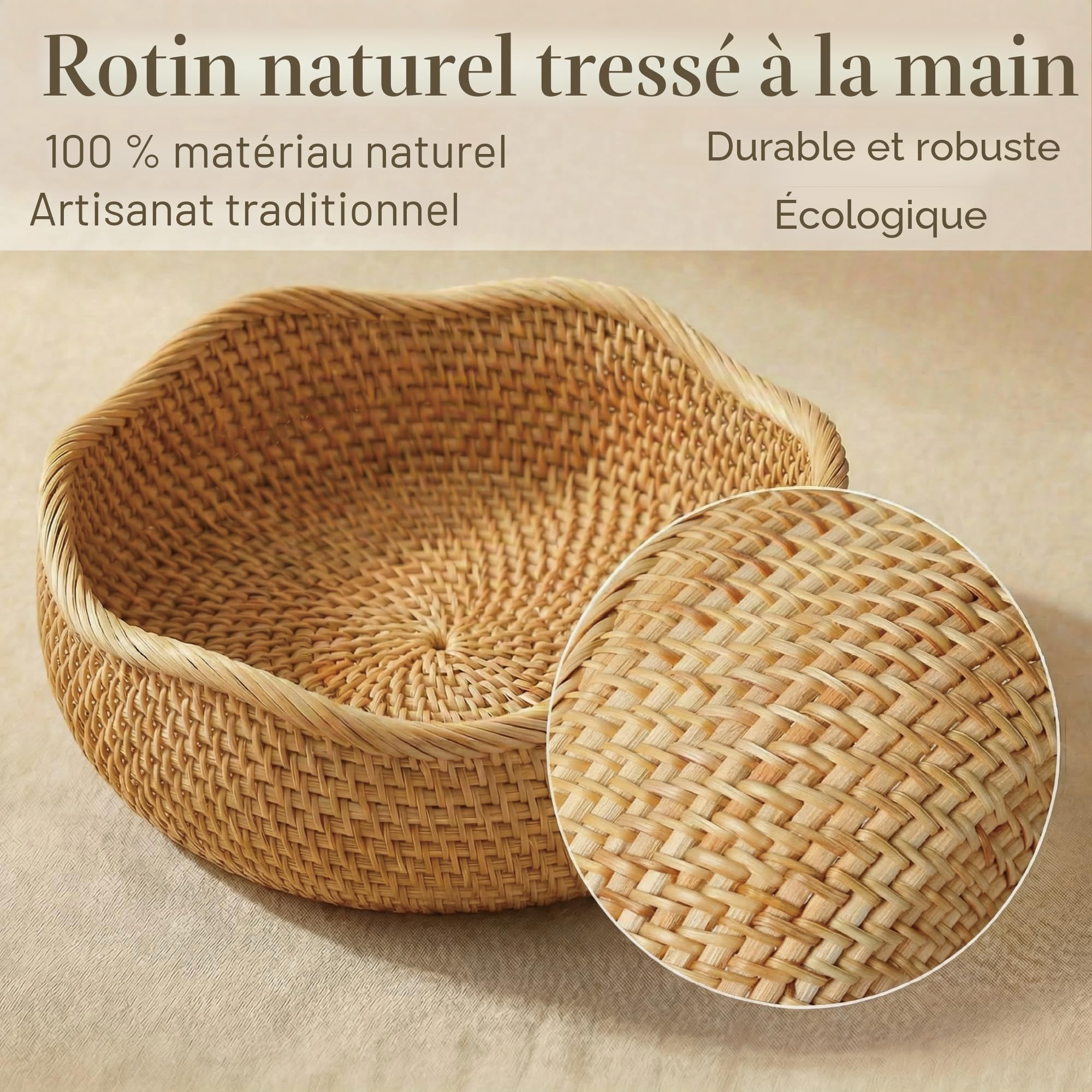 Panier de Rangement Rond en Rotin, Corbeille de Fruits en Osier, Organisateur Tressé Naturel pour Cuisine/Salle à Manger (Vague)