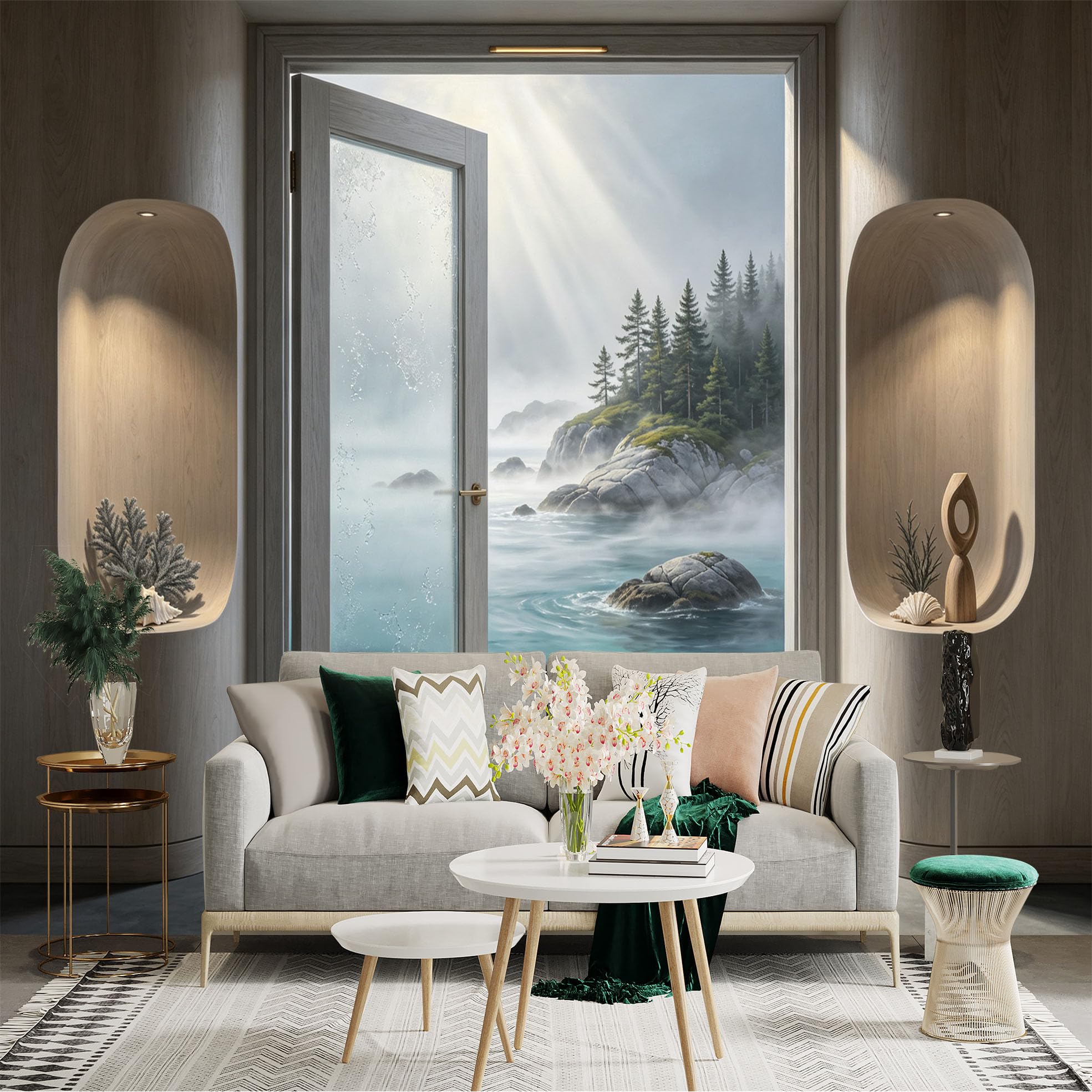 Custom Size Wall Sticker Mural， Misty Coastal Forest， Rocky Shore and Ocean View， for wall Decoration， peelandstick wall Decals.