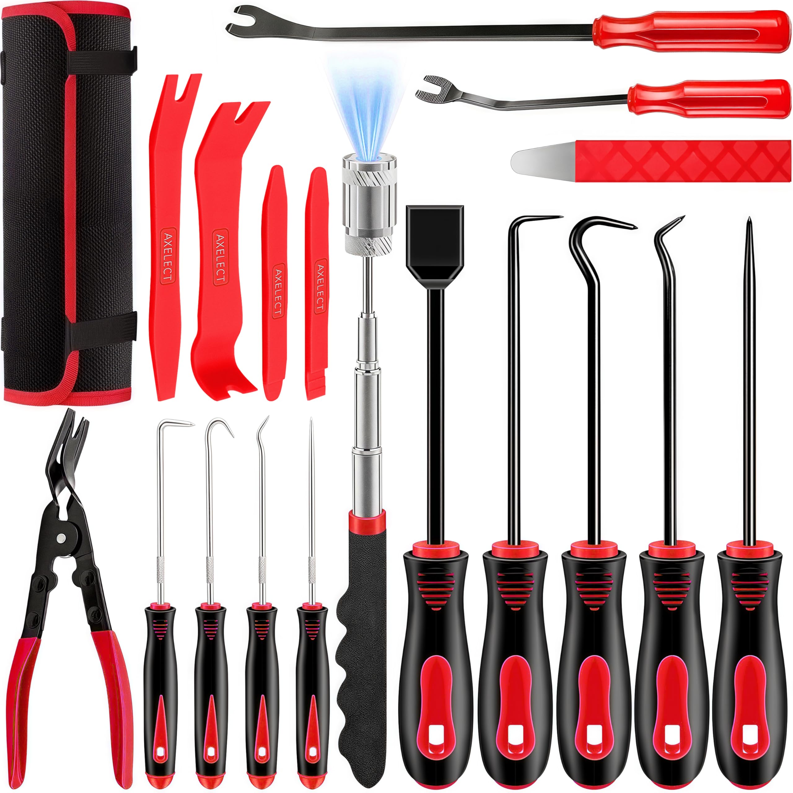 DWH 18 Pcs Precision Pick and Hooks Set, Auto Body Tool Kit with Scraper Telescoping Magnetic Pickup Tool Panel Clip Plier Fastener Remover, Metal Plastic Trim Tools, Automotive Mechanic Bag