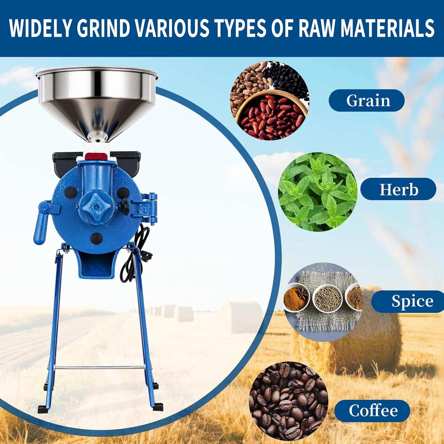 Dry & Wet Electric Grain Mill for Grinding Corn, Rice, Cereal, Wheat, Chilli into Fine Powder, Commercial Grade 110V Flour or Feed Mill with Adjustable Grind & Included Funnel (Dry Wet Grinders)