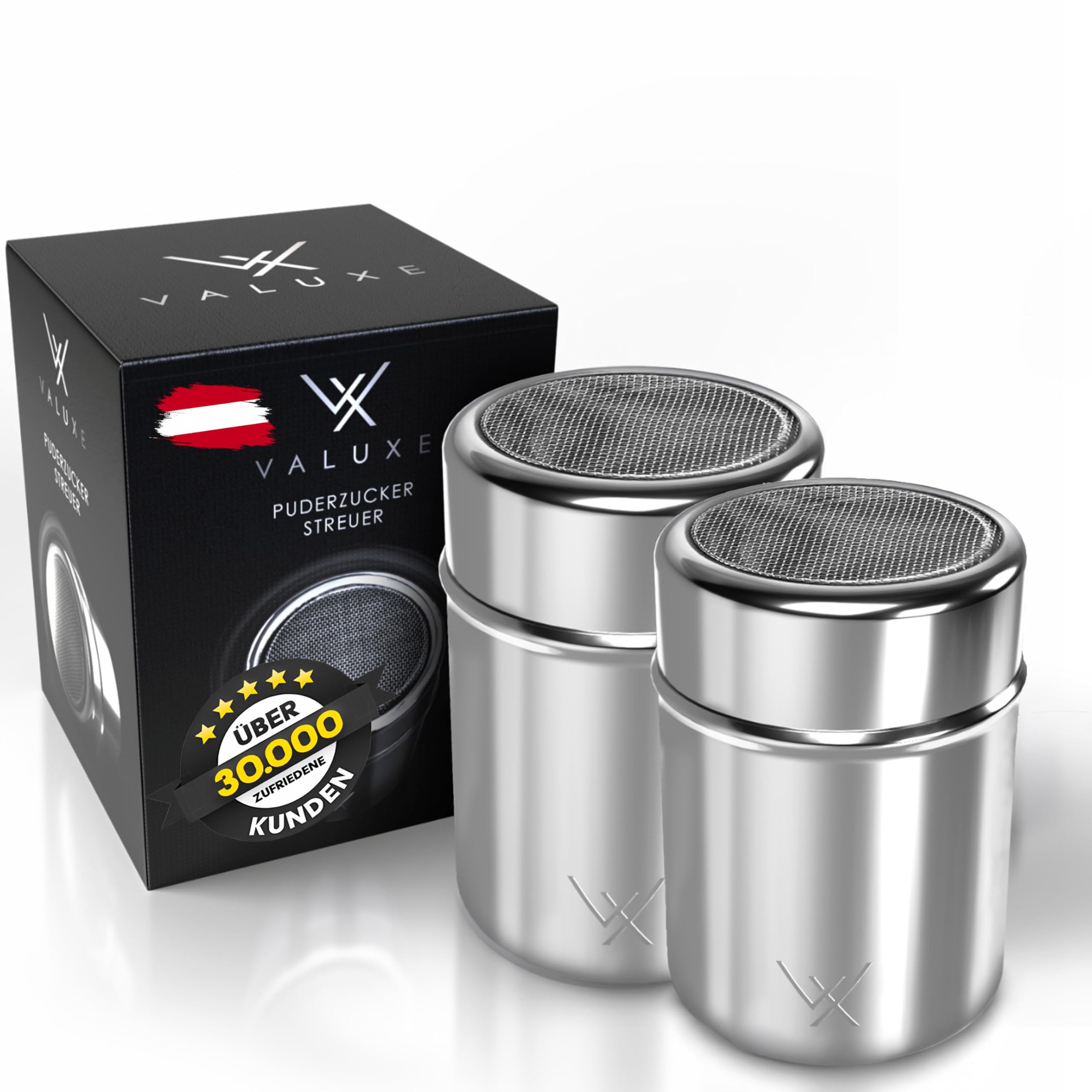 VALUXE® Puderzuckerstreuer Set in 2 Größen - Edelstahl Kakaostreuer mit feinem Sieb & Deckel - Puderzucker Pulver Streuer für präzises Bestäuben - Zuckerstreuer, Mehlstreuer spülmaschinengeeignet