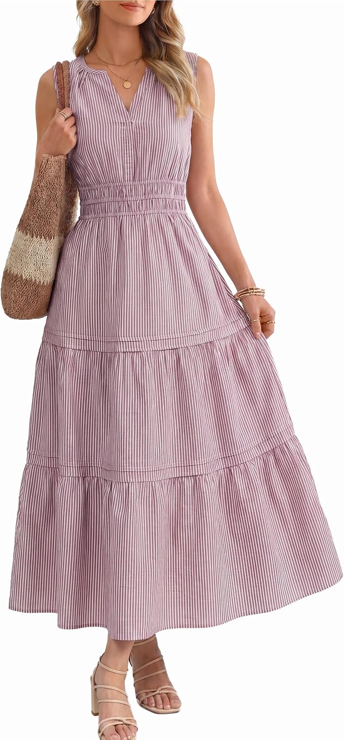 BerryGo Womens Summer Striped Maxi Dress Sleeveless Casual Empire Waist Flowy Beach Vacation Sundresses with Pocket 2026