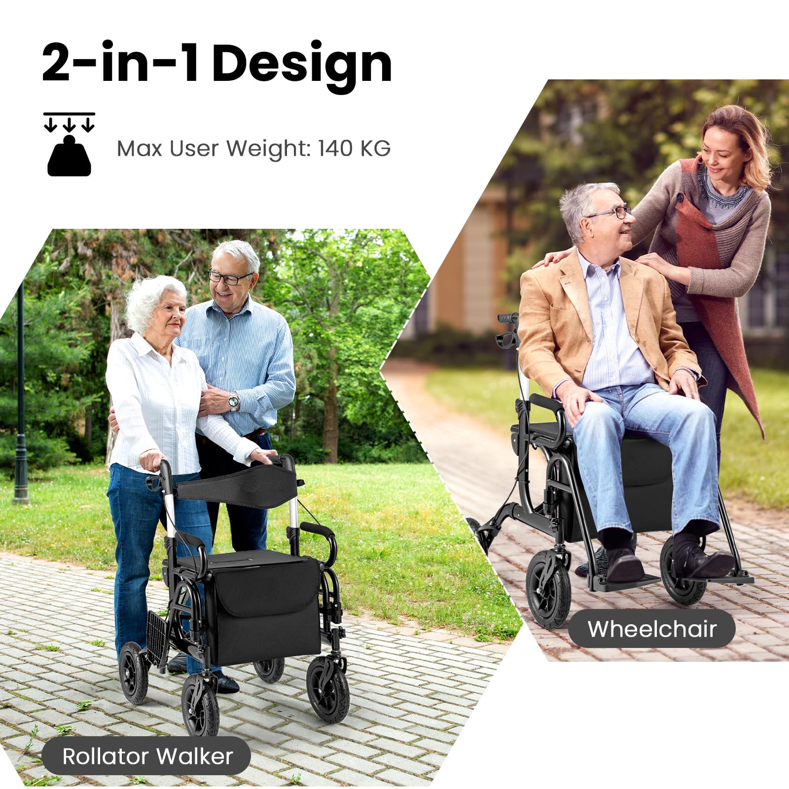 HOMASIS Deambulatori a 4 Ruote Pieghevole, Leggero/Facile da Piegare/Sedile Regolabile in Altezza, Rollator Deambulatore, Ausili per la Deambulazione per Disabili, Anziani (Nero)