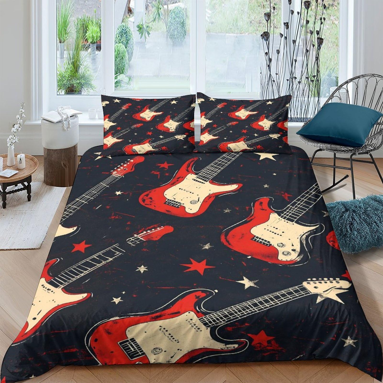 Housse de couette douce respirante guitare rock parure lit anti transpi ados