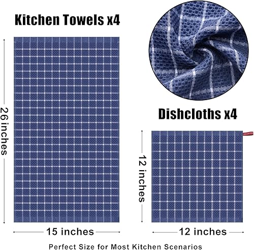 Miniatura 2 de Fintale Juego de toallas de cocina y paños de cocina, suaves, superabsorbentes y de secado rápido para cocina, paquete de 8 (diseño de rejilla, azul