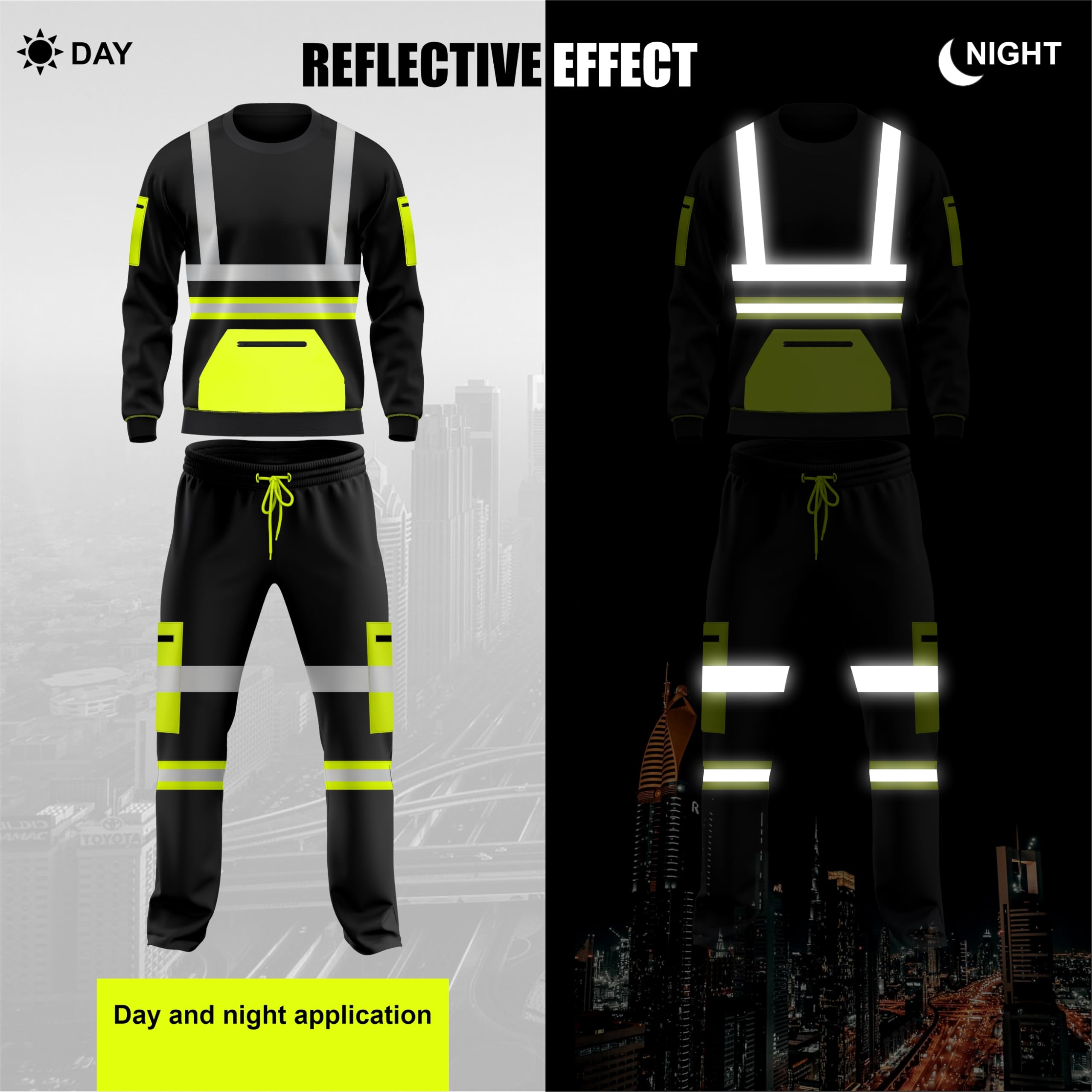 mymixtrendz Hi Vis Kids Boys Girls Unisex Workwear Nastro Riflettente Tuta in Pile Set Orlo Aperto Pantaloni Tasche Coulisse Maniche Lunghe Felpa Top & Bottom Set