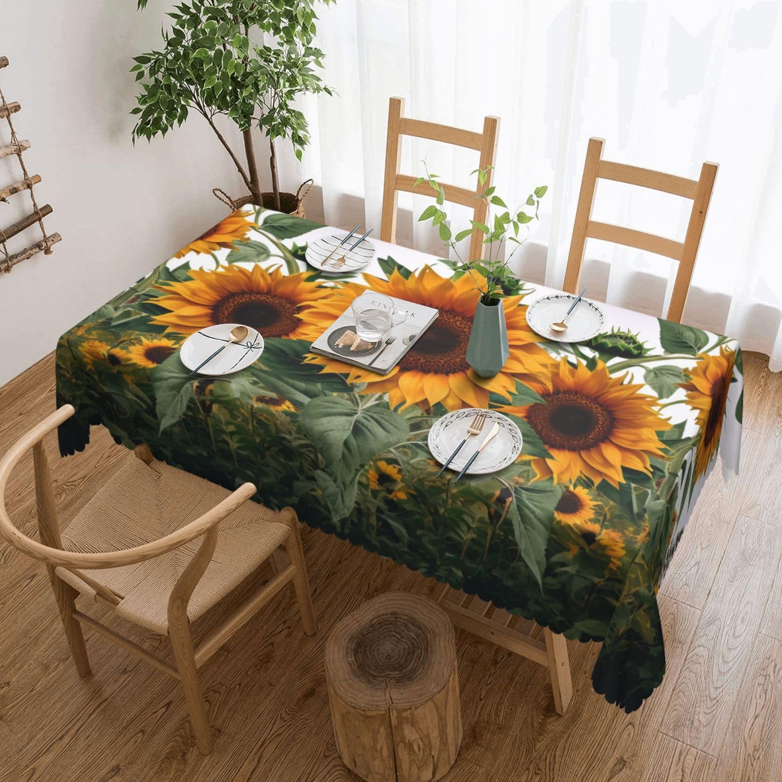 WPKJU Sunflowers Printed Rectangle Tablecloth 72x54 Inch with Lace Trim, Water-Resistant Washable Table Cover for Farmhouse Weddings, Outdoor Picnics & Holiday Dining