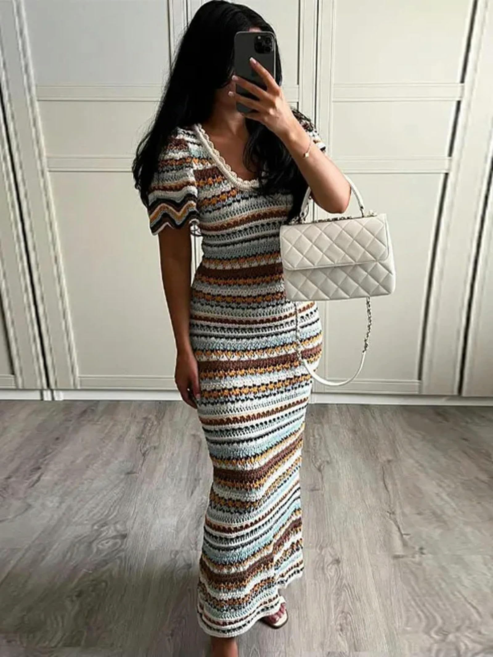 Abito da Donna in Maglia Sottile con Vita Alta Che Si scontra, Abito Sexy a Maniche Corte a Righe con Scollo a U e Tubino da Vacanza