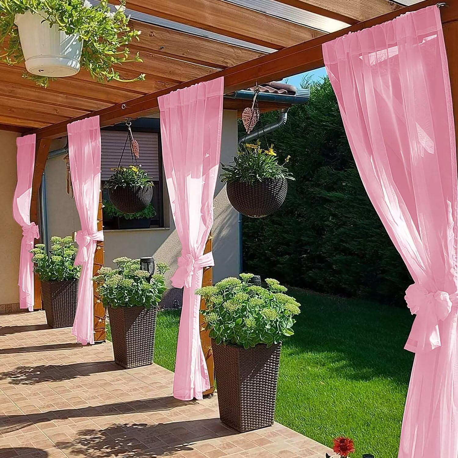 SpaceDresser Waterproof Outdoor Sheer Curtains for Patio - 2 Panels Rod Pocket Indoor Voile Sheer Curtain for Living Room,52W x 96L inch, Light Pink