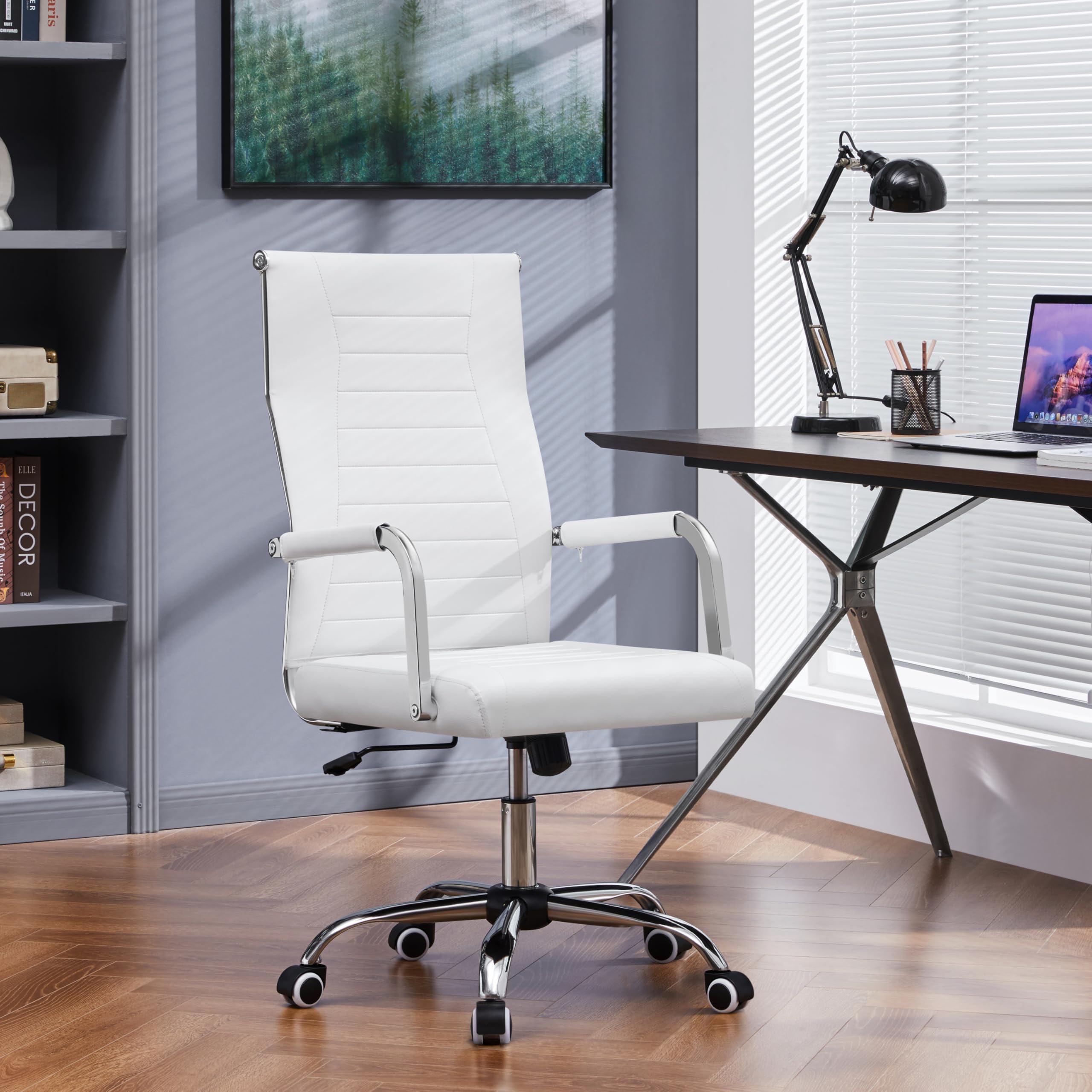 Yaheetech Sedia da Ufficio Scrivania Bianca Ergonomica in Finta Pelle con Schienale Alto Reclinabile a Dondolo Rotelle Girevole 360° Altezza Regolabile Portata 136 KG