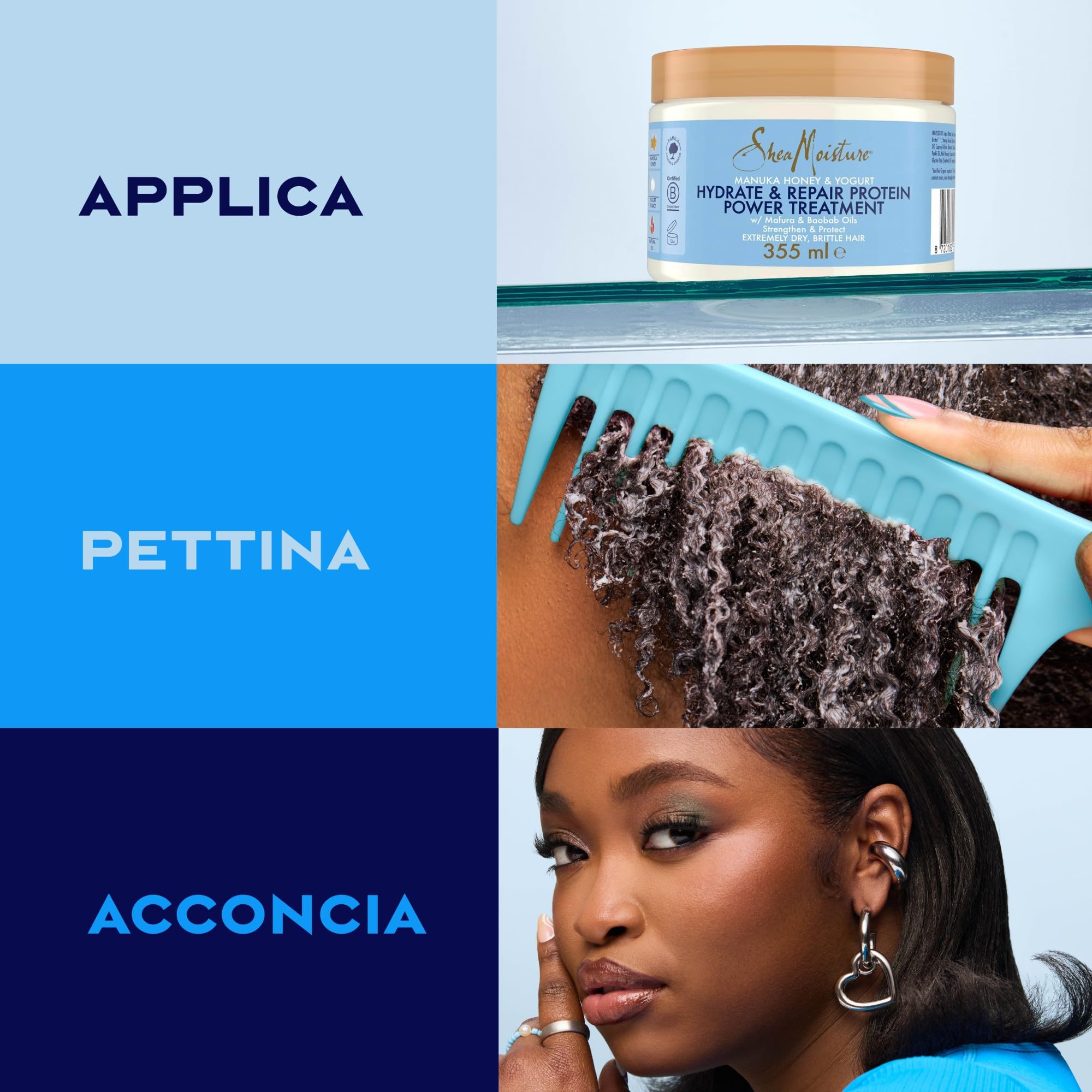 SheaMoisture Maschera Hydrate & Repair Protein Power, Per Capelli Ricci Secchi e Danneggiati, Capelli più Forti, Rottura Ridotta, Con Miele di Manuka, Yogurt, Proteine e Burro di Karité, 355ml