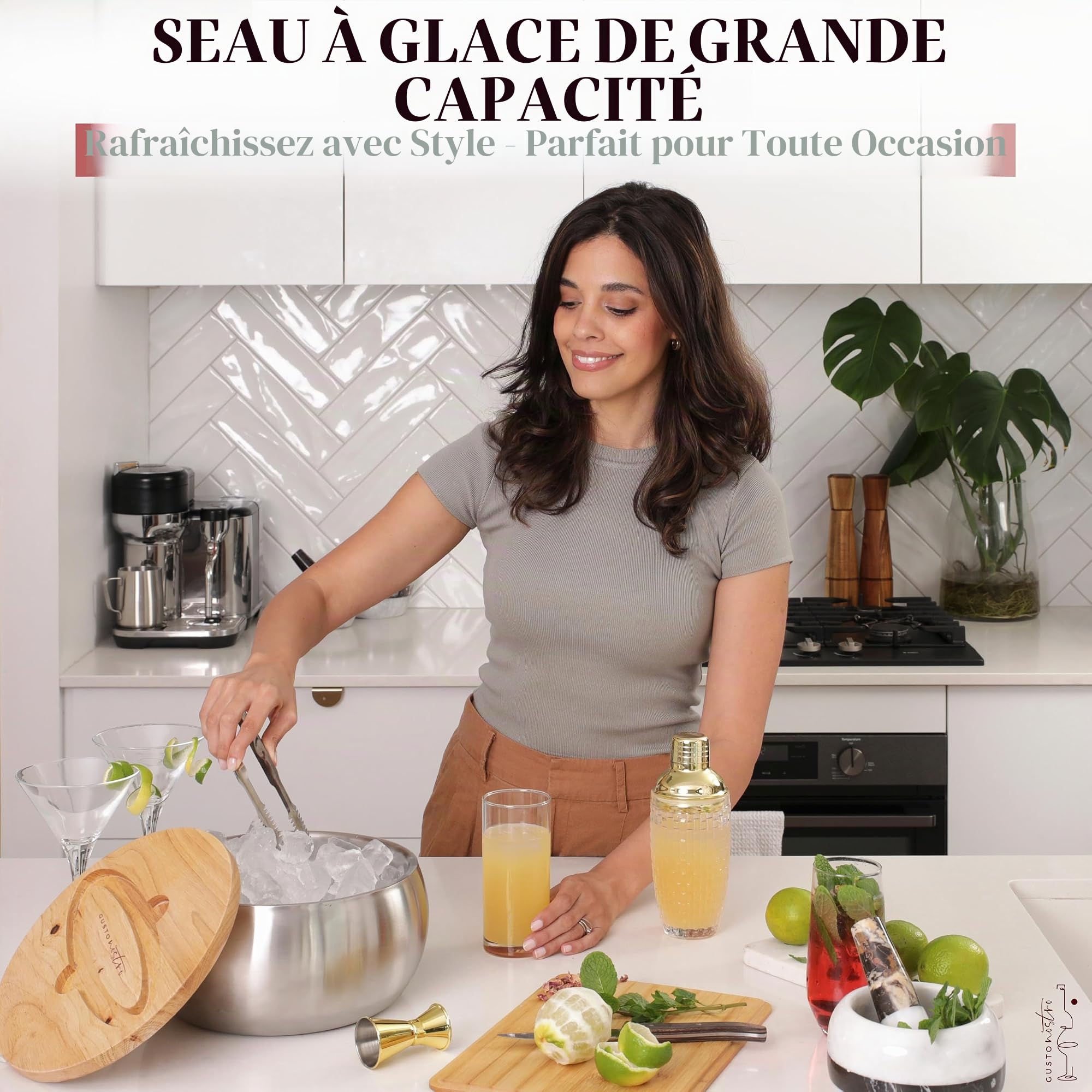 Gusto Nostro Seau A Glace Isotherme, Avec Couvercle et Pince, Double Paroi en Acier Inoxydable, Sans BPA, Pour Bar à Cocktails, Seau A Champagne, Vin, Bière pour les Fêtes