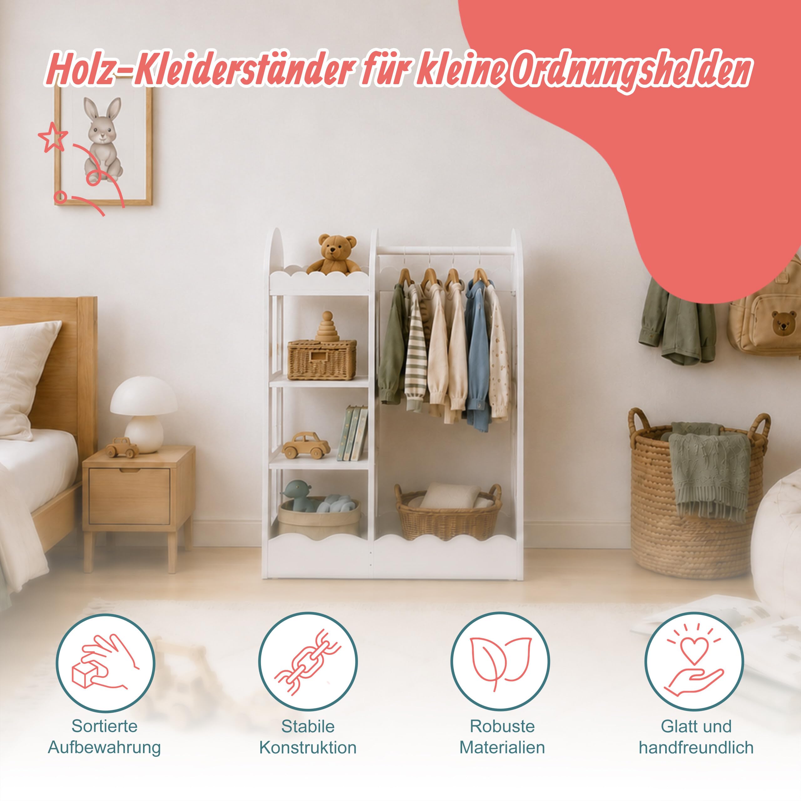 Relaxdays Kleiderständer Kinder, Spiegel, 5 Fächer, Kleiderstange, weiß