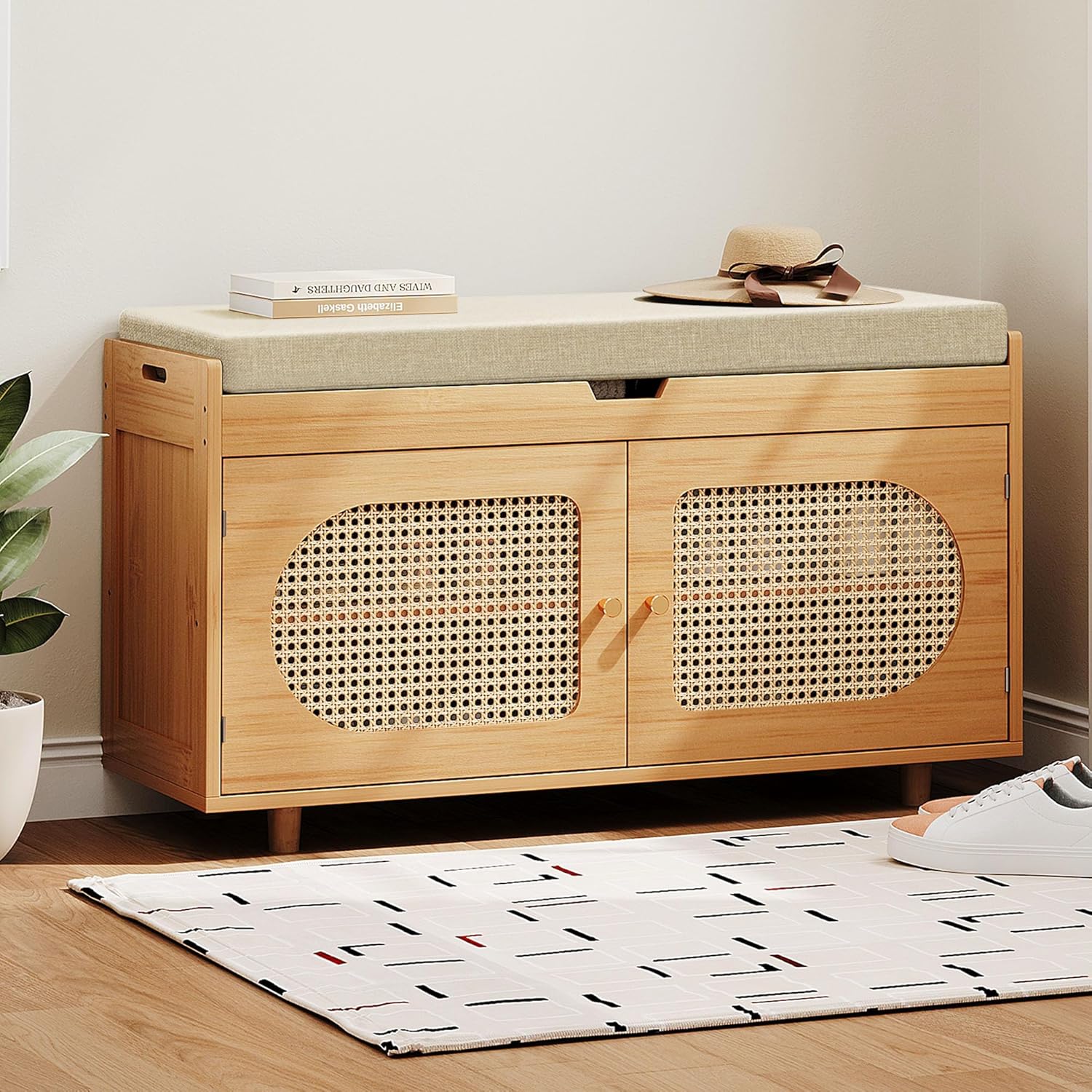 Rattan Shoe Storage Bench, 35.4' Bamboo Entryway Bench, 2-Tier Shoe Rack with 2 Doors & Padded Seat Cushion for Entryway, Living Room, Bedroom