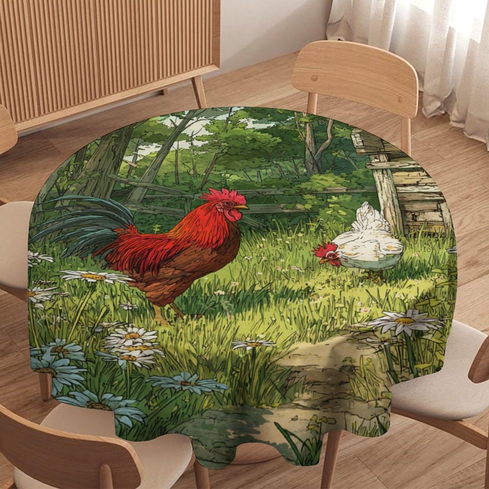 LUYYSKY Vintage Colorful Chicken Rooster Waterproof Round Tablecloth Modern Art Spring Farmhouse Barn Farm Animals Washable Table Cover for Kitchen-91.4" Wx91.4 L cm