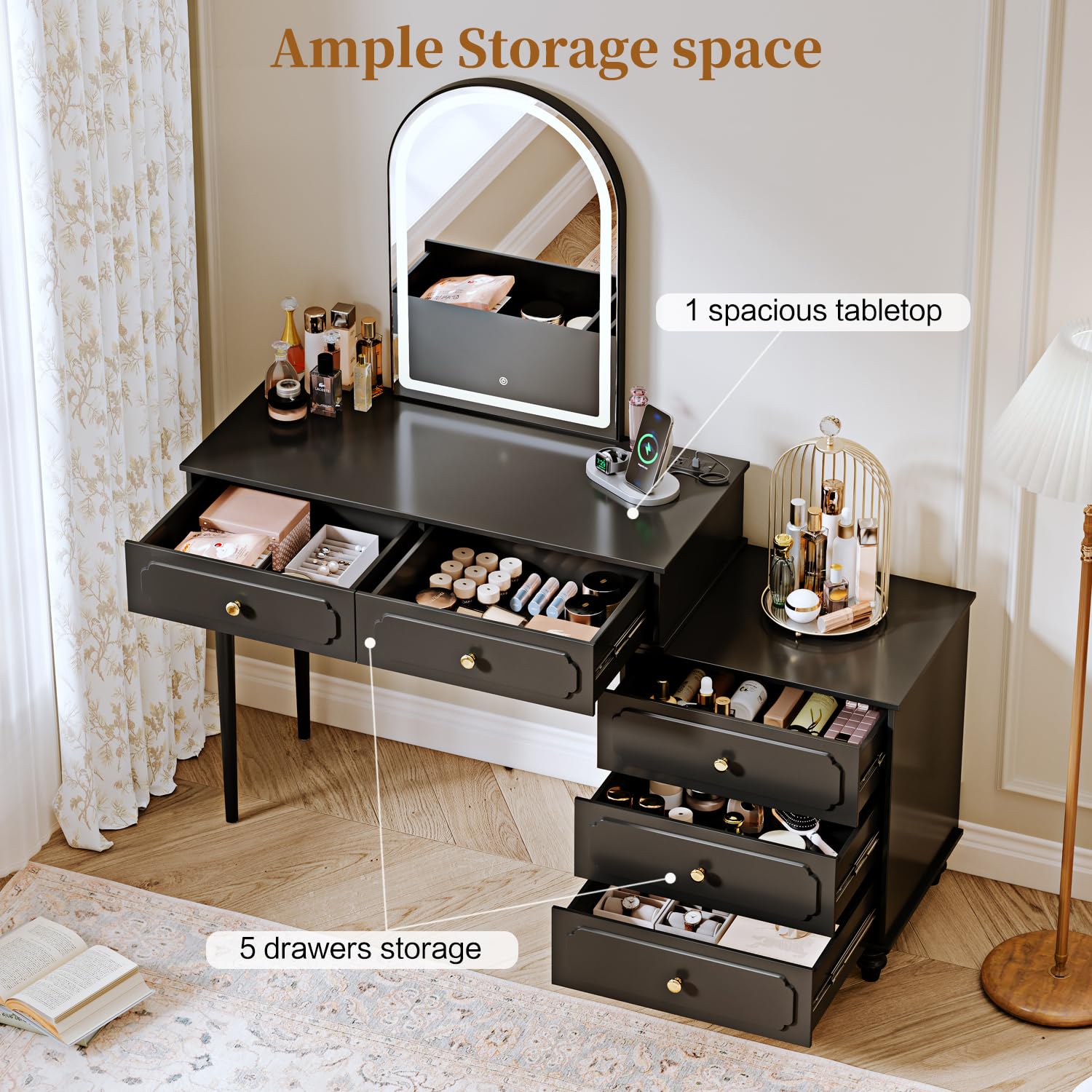 Escritorio negro con espejo y luces, tocador de maquillaje con toma de corriente y gabinete ajustable, mesa de maquillaje moderna con 3 cajones para dormitorio sala de maquillaje 2