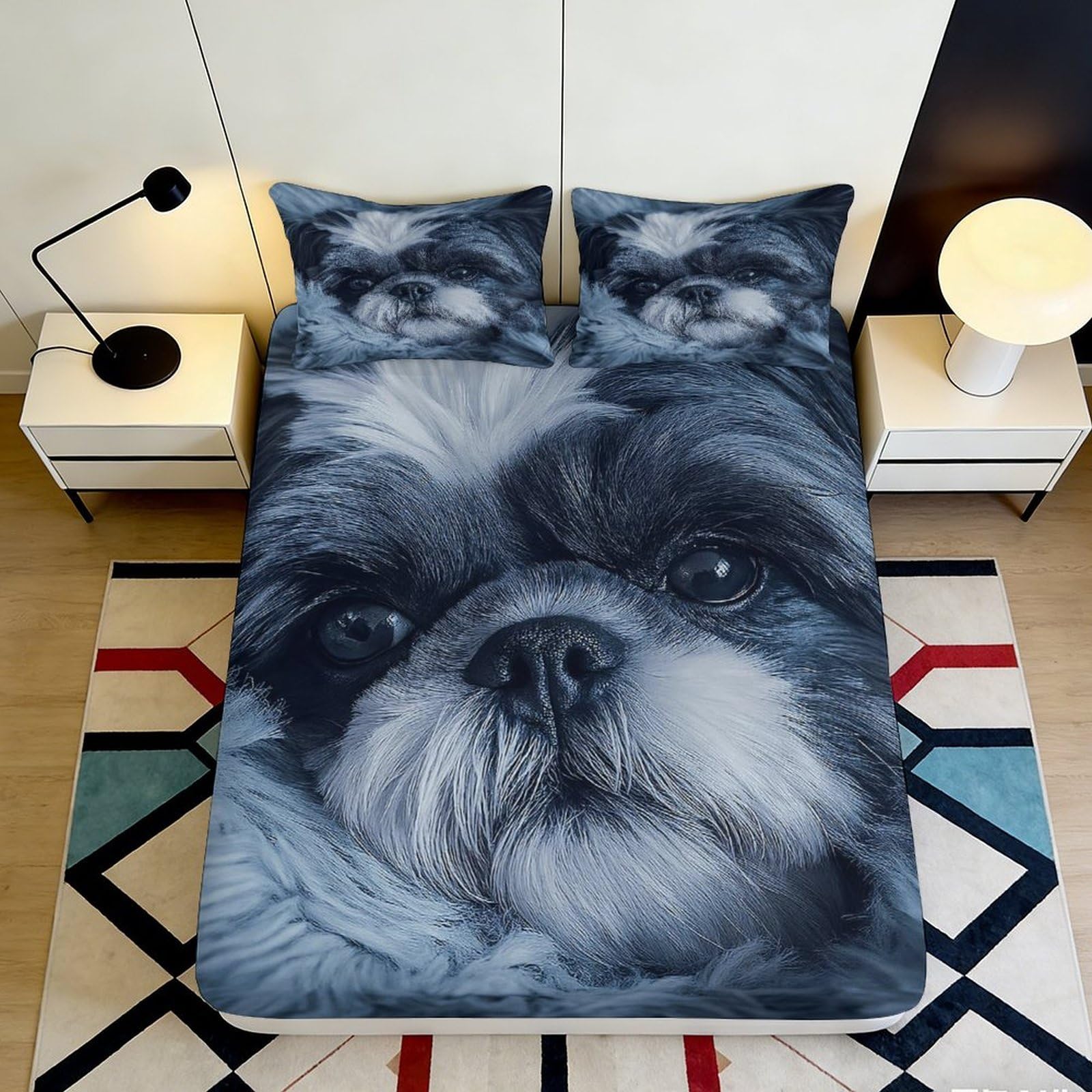 3D Printed Dog Face Fitted Sheet Microfiber Soft Anti-Slip Shih Tzu Portrait Mattress Cover for Bedroom Guest Room Decor 140x200x25cm