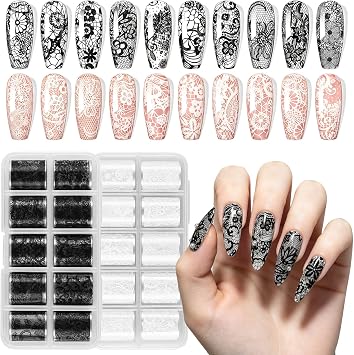 JODSONE 20 Rolls Lace Nail Foils, Black and White Lace Nail Art Transfer Sheets, Must Be Used with Nail Foil Glue, Transfer Foils for Manicure Salon & Home Use Not Self-Adhesive Stickers