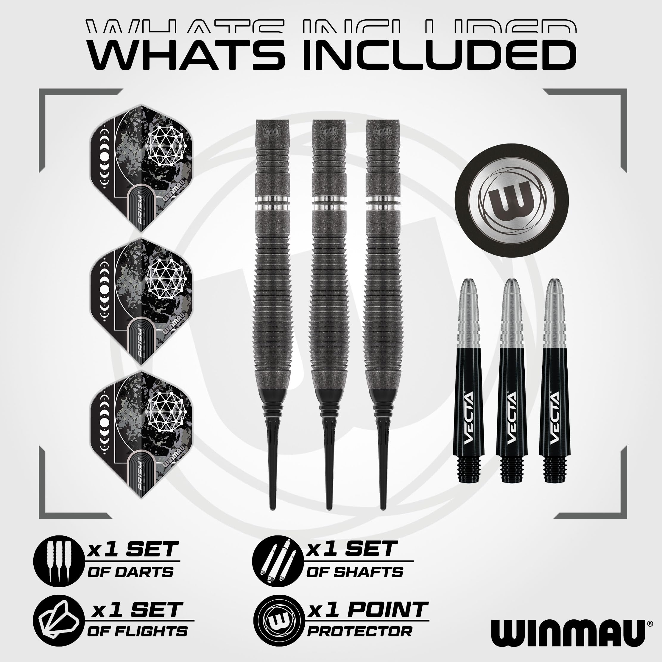 Winmau Darts Callisto 18g Barrel / 20g Full Weight Soft Tip 90% Professional Tungsten Darts Set with Dart Flights and Dart Shafts (Stems)