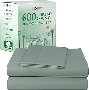 California Design Den Luxury Twin Sheet Set - 100% Cotton, 600 Thread Count Deep Pocket Twin Sheets, Soft Hotel-Quality Bedding with Sateen Weave (Sage Green - Cool Tone)