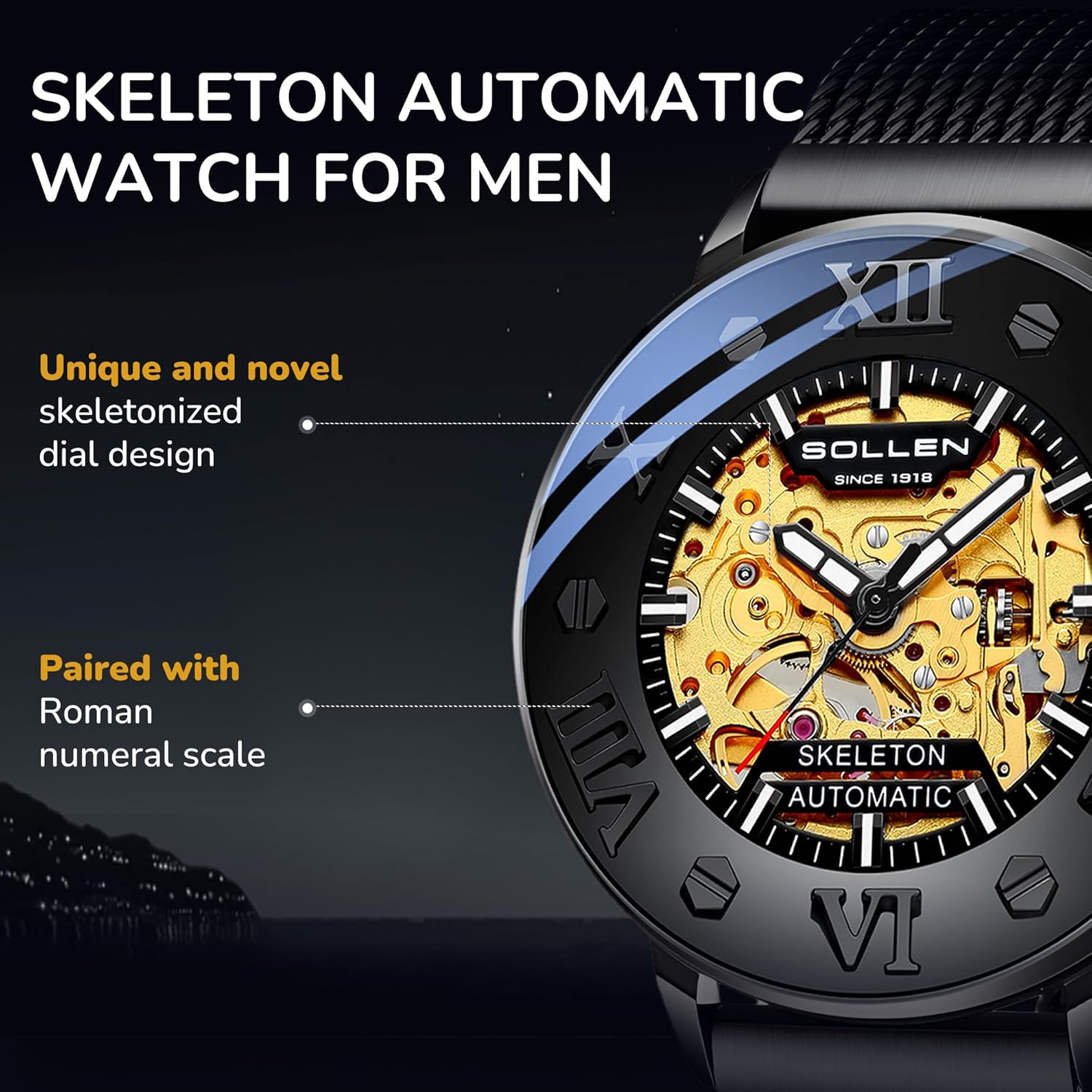 SOLLEN Men's Skeleton Automatic Watches, Original Mechanical Watch Movement, Double-Sided Skeleton Self-Winding Watches for Men, 3ATM Water Resistant Luminous Luxury Casual Wrist Watches Gift for Men - Image 4