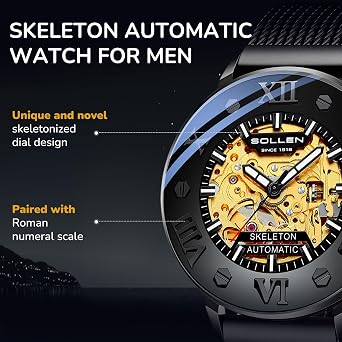 SOLLEN Mens Skeleton Automatic Watches,Dual-Sided Skeleton Mechanical Watch | Original Mechanical Movement,Self-Winding 3ATM Water Resistant Luminous Luxury Casual Wrist Watches Gift for Men