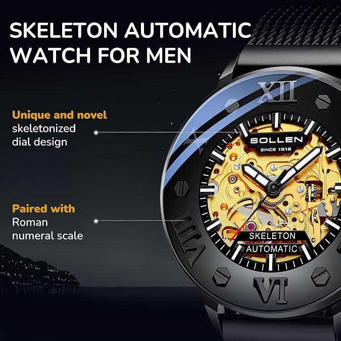 Men's Skeleton Automatic Watches, Original Mechanical Watch Movement, Double-Sided Skeleton Self-Winding Watches for Men, 3ATM Water Resistant Luminous Luxury Casual Wrist Watches Gift for Men