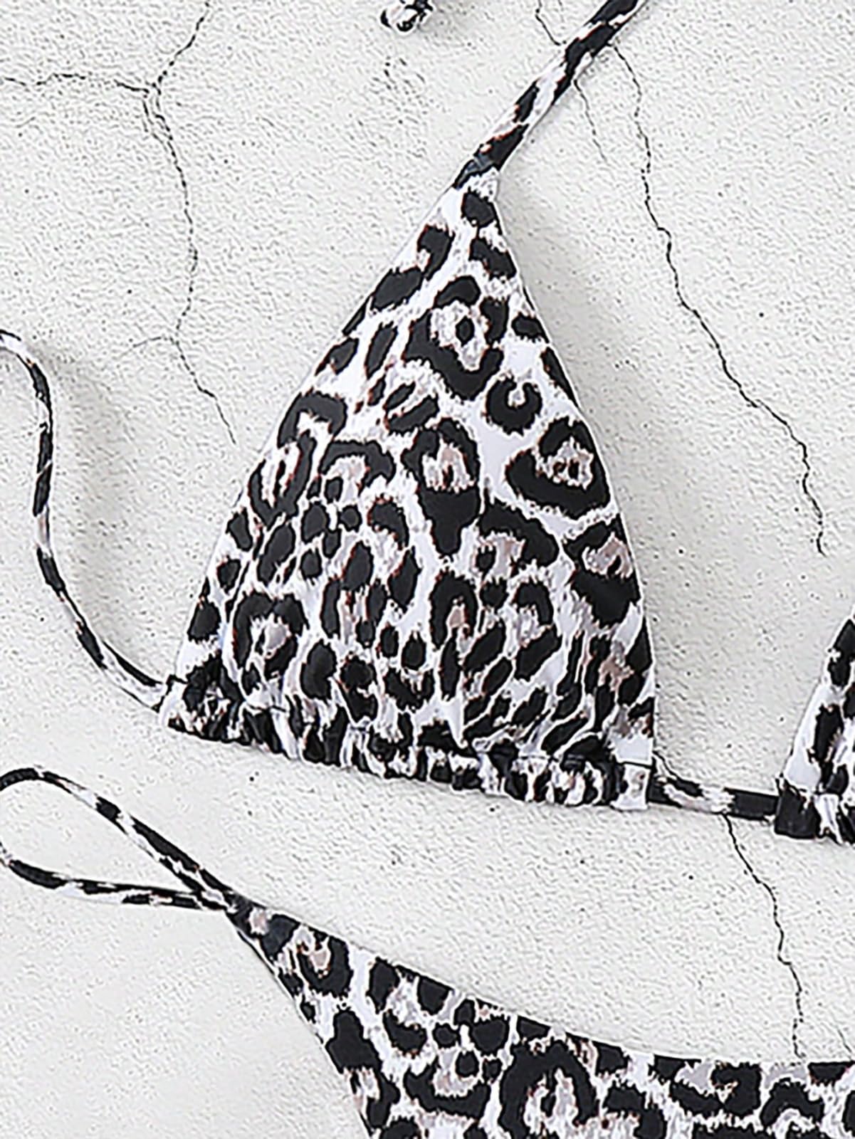 Bikini Mujer Mujeres Leopardo Impresión Conjunto De Dos Piezas Traje Baño Corbata Lateral Ropa Playa-XS（Old）-Black