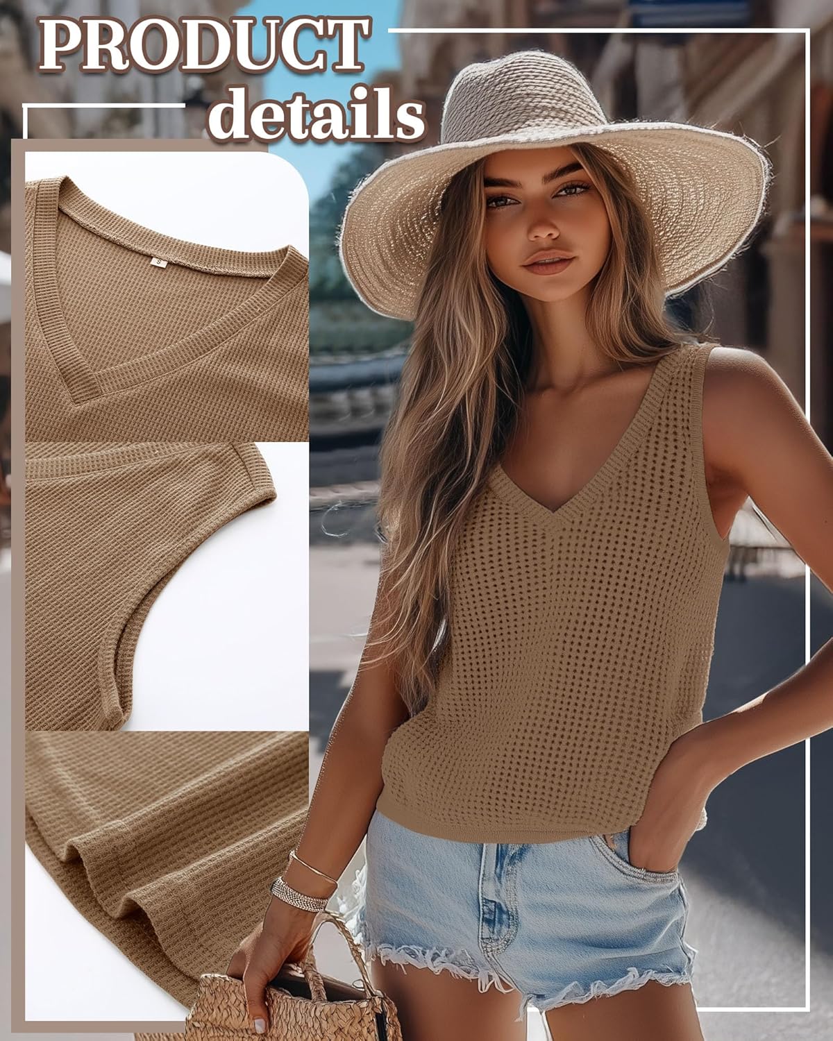 Riyiper 3 Pack Women's Waffle Knit Tank Tops, Loose Fit V Neck Sleeveless Casual Summer Curved Hem Basic Tees Flowy Shirts - Image 4