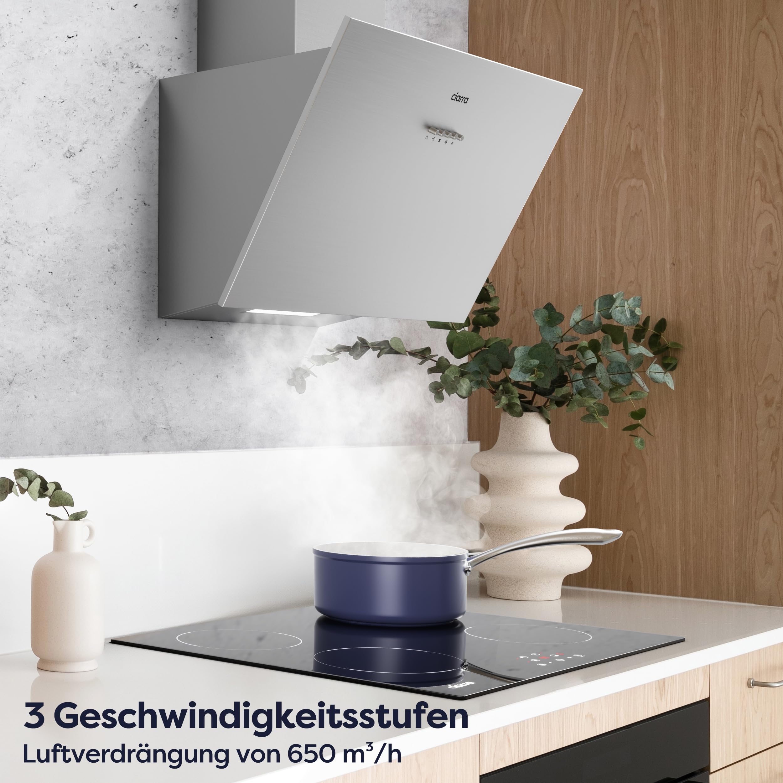 CIARRA CBCS6762A A+++ Kopffreie Schräghaube Dunstabzugshaube 60 cm Umluft 650 m³/h Edelstahl Silber