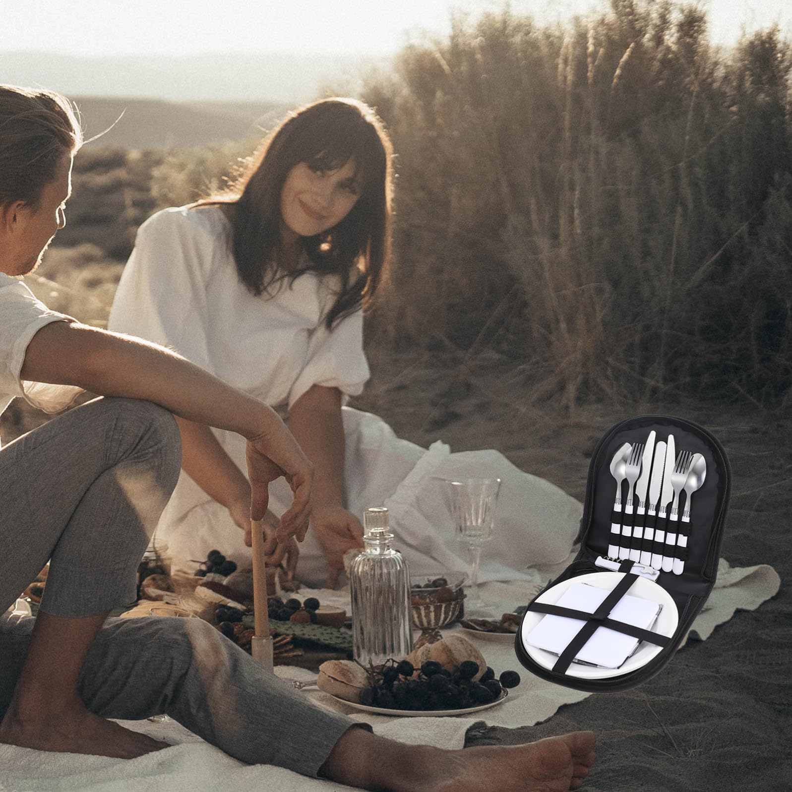 CALLARON Set di Posate da Campeggio in Acciaio Inox Nero, Lavabili in Lavastoviglie e Riutilizzabili, per Picnic e Viaggi All'aperto, Completo di Coltello, Forchetta e Cucchiaio