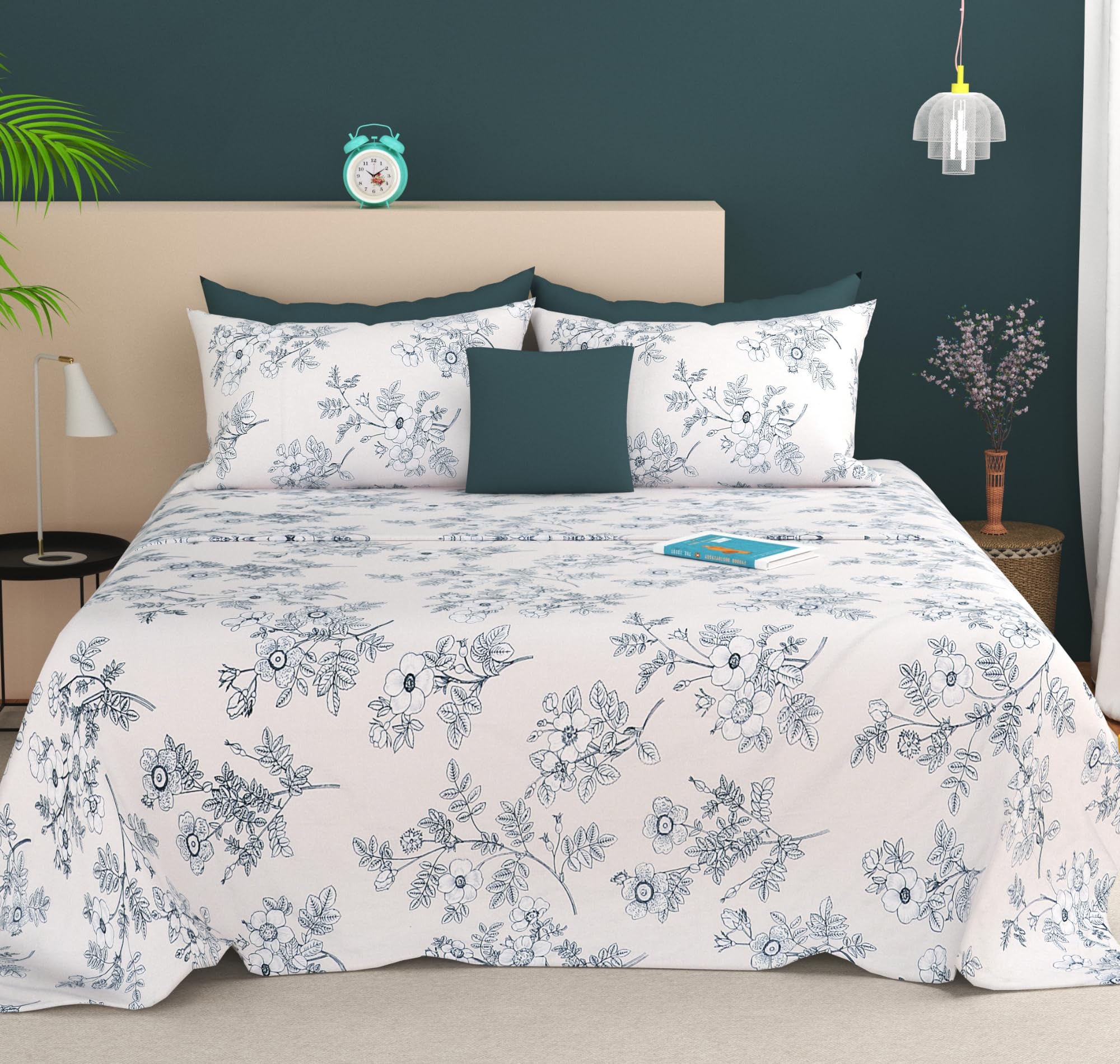 SANMARINO King Size Bedsheet | Cloud Cotton Flatsheet King Size with Two Pillow Covers| 280 TC | Super Soft Bed Sheet for King Size Bed | Floral Design (254 x 230 cm, White)-image-18