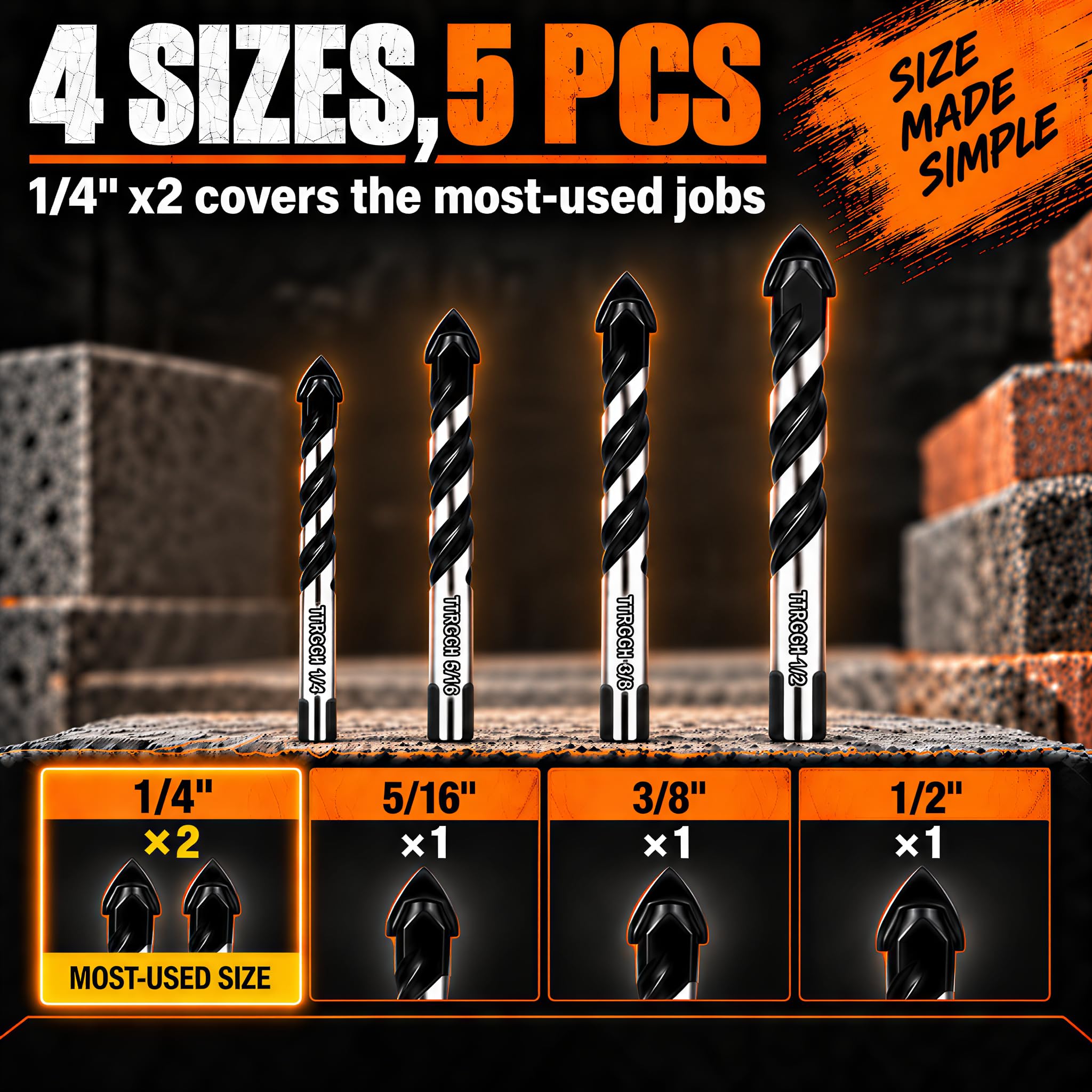 Masonry Drill Bit Set - 5 Piece Carbide Bits -6 Masonry Drill Bit Set - 5 Piece Carbide Bits -6