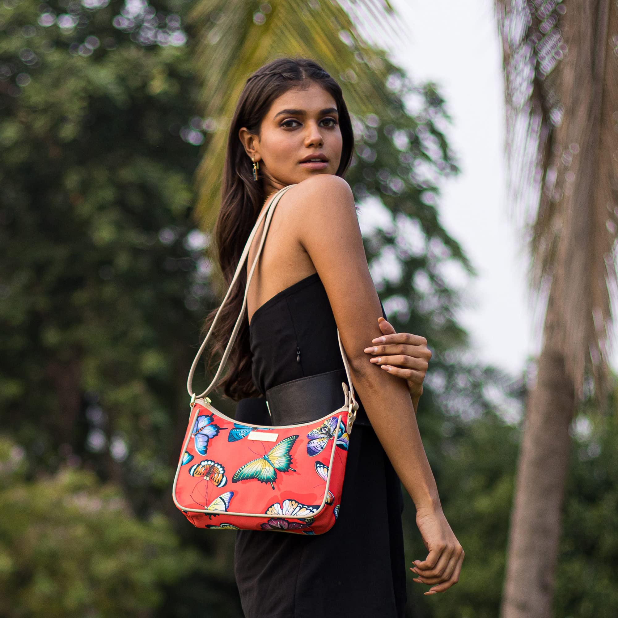 Anuschka East/West Hobo - Wanderlust Collection - Nylon Fabric with Genuine Leather Trim and Artwork Print - Butterfly Heaven Ruby 2
