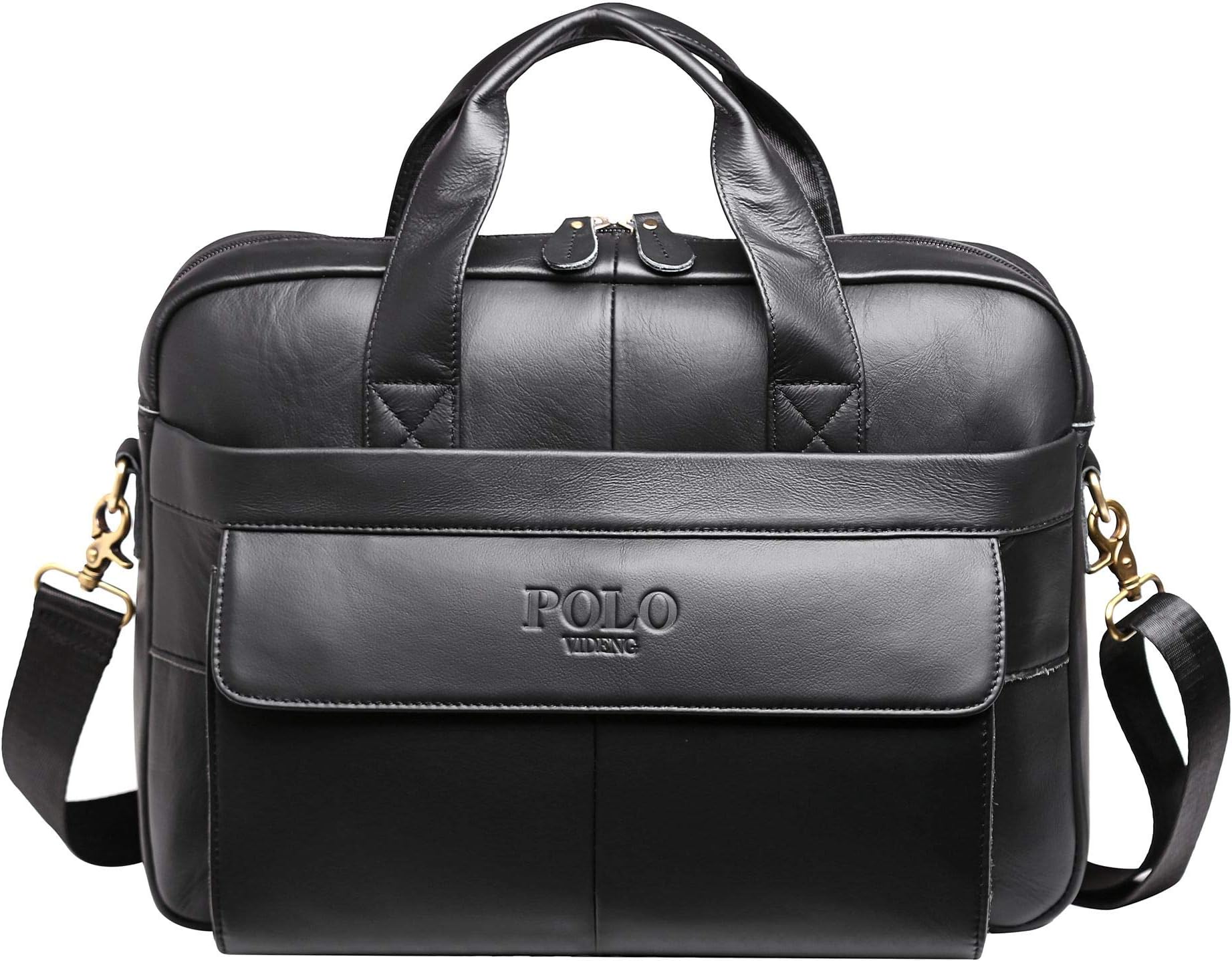 POLOVIDENG Genuine Leather Briefcase,POLO VIDENG Handmade Briefcases for Men Slim 15" Laptop Case Business Messenger Shoulder Bags (GCP-black)