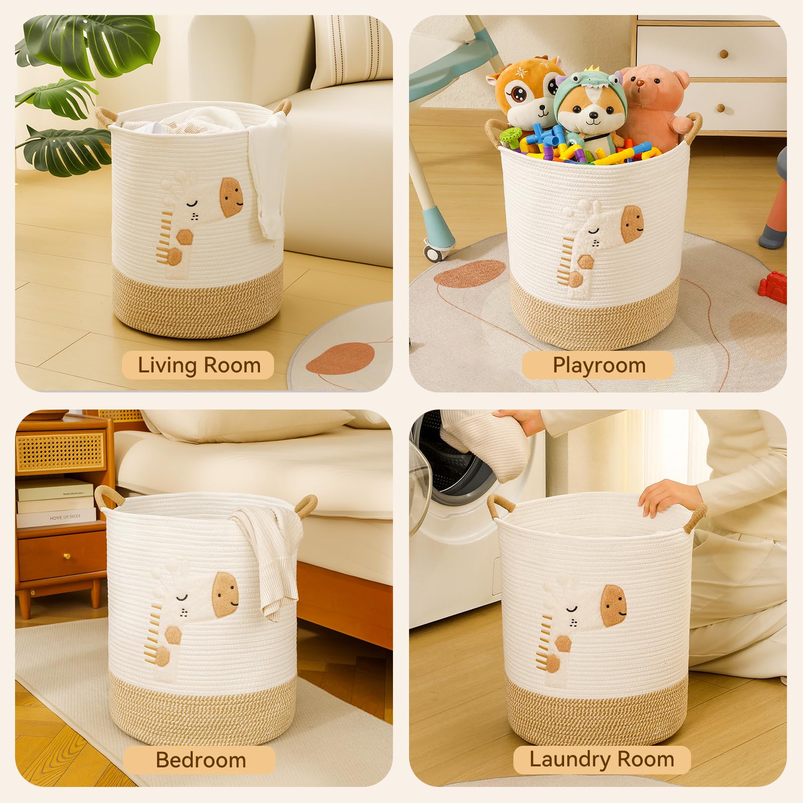 Cesto Portabiancheria 51L Grande Cesta Giochi Bambini Cesto Biancheria Sporca Contenitore Giochi Cestini Portaoggetti, Cesta di Stoccaggio in Corda di Cotone per Bambini con Maniglie, Giraffa