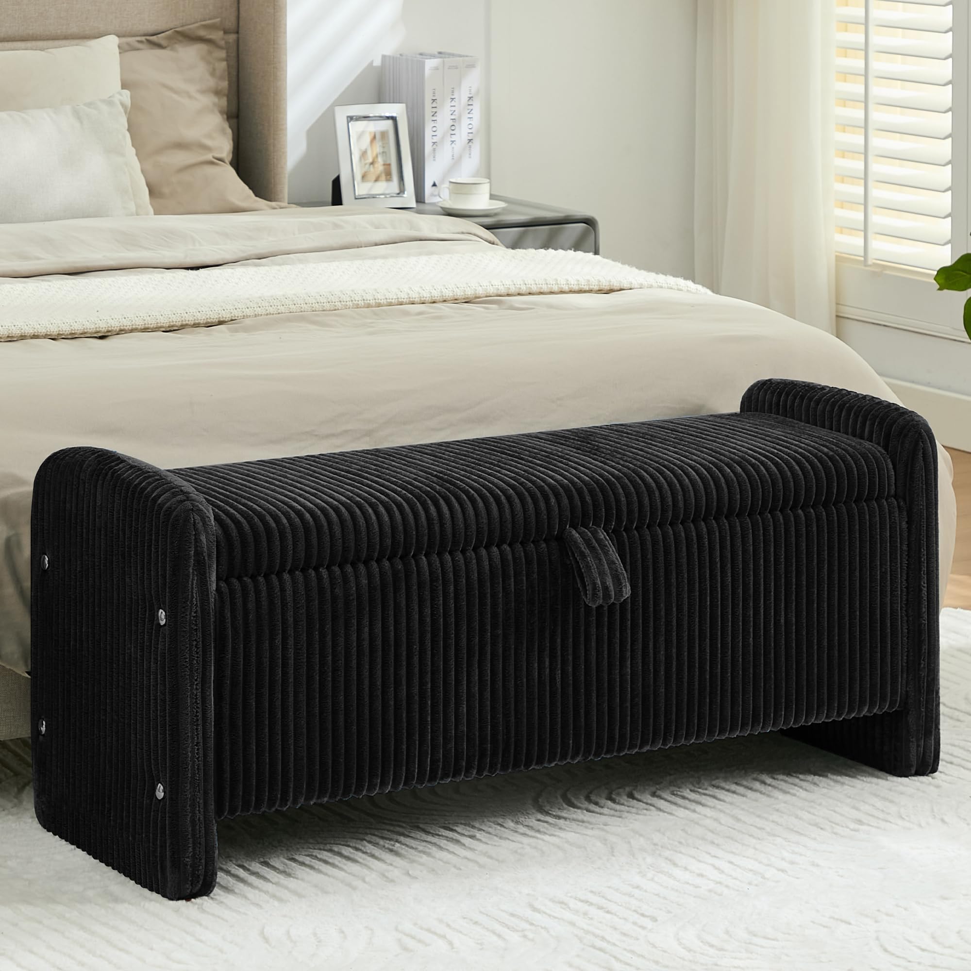 44'' Corduroy Storage Bench, Rectangle Upholstered Bed Bench with Storage, Linear Bed Bench for Bedroom, Living Room, Entryway (Black)