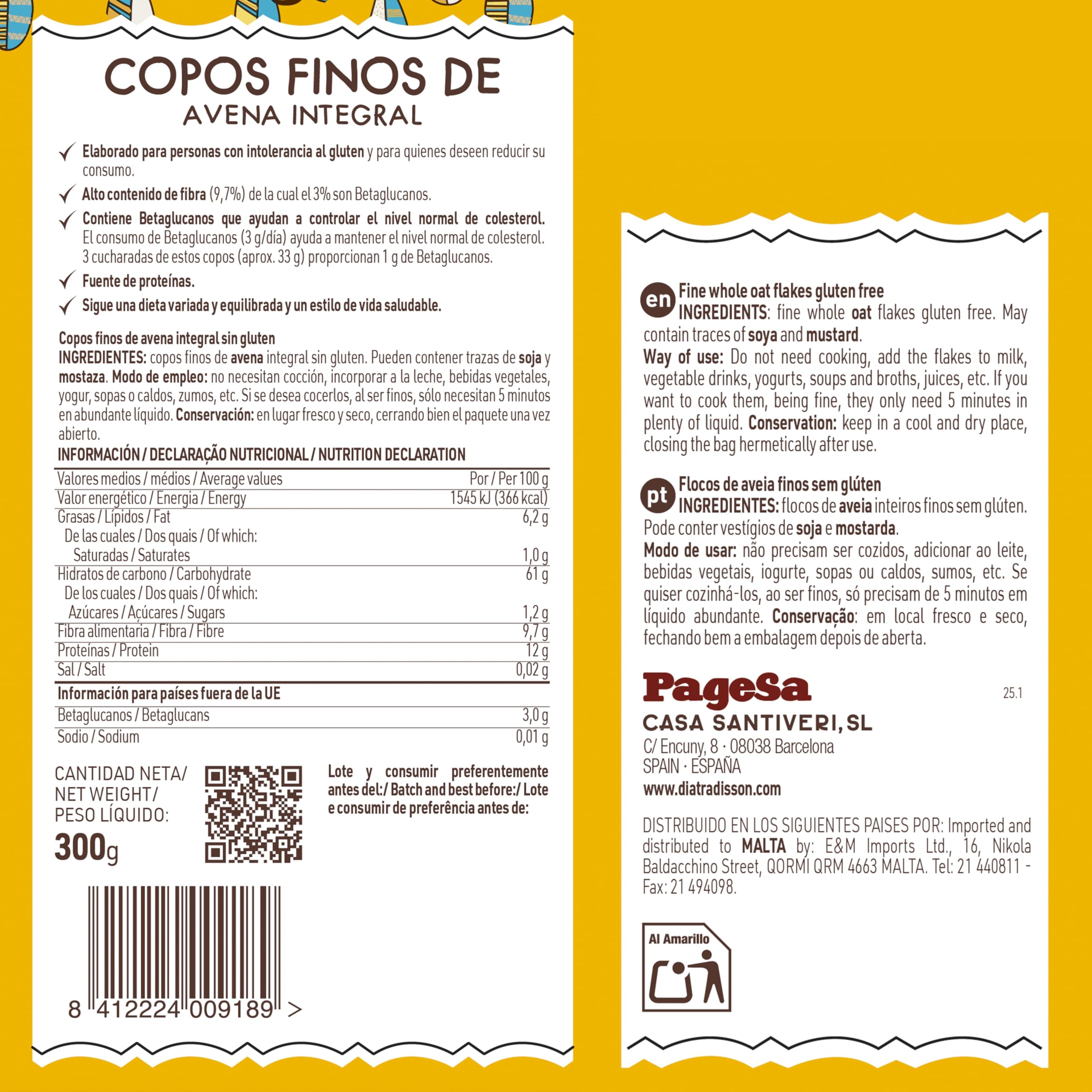 Copos Finos de Avena Integral Sin Gluten DIAT Radisson Alto Contenido en Fibra