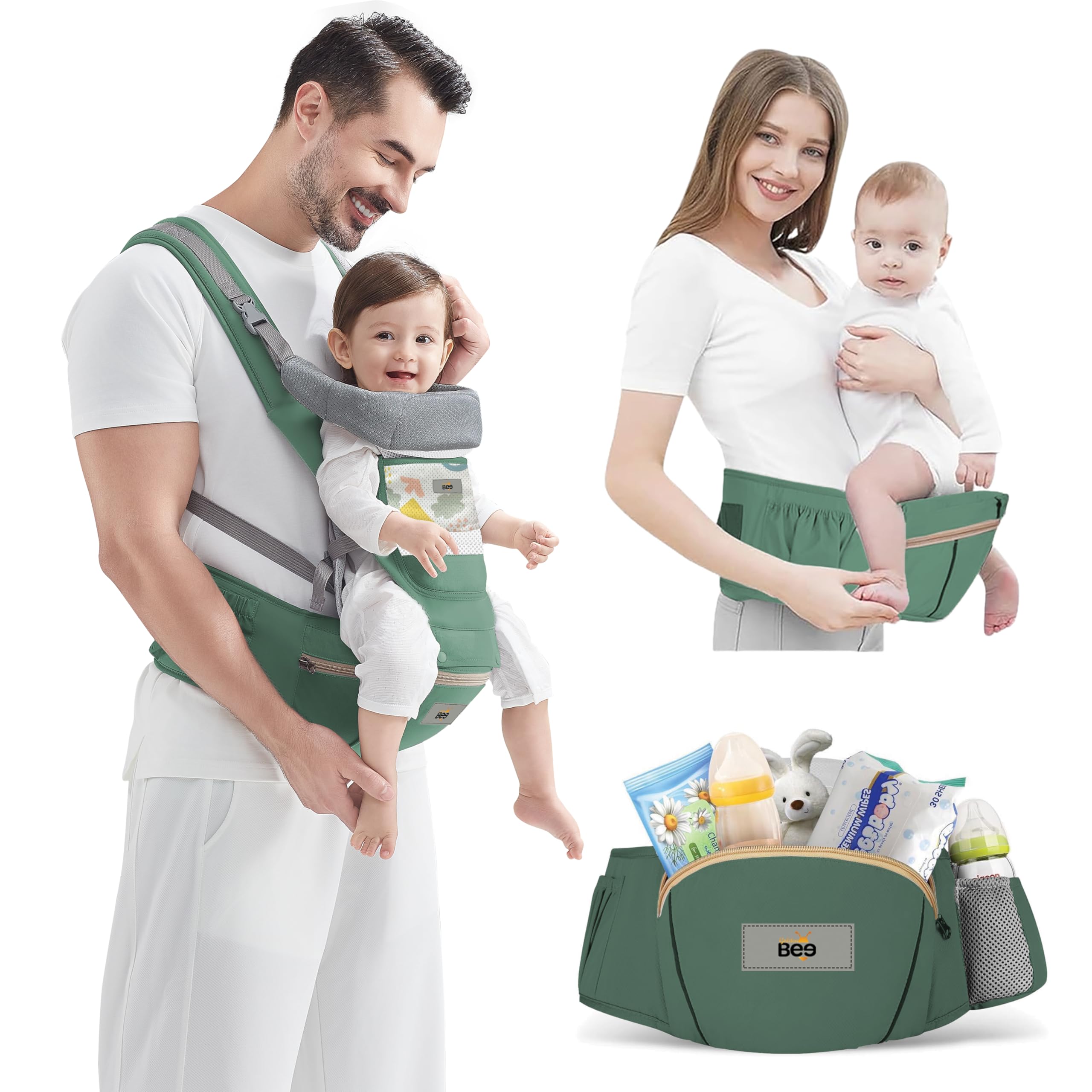 Golden Bee Comfort Nest Hip Seat Baby Carrier, Multi-Carry Positions, Ergonomic Design, Newborn to Toddler, Cotton Fabric with Breathable Mesh, 4 to 36 Months, Up to 15 kg,for All Seasons (Green)