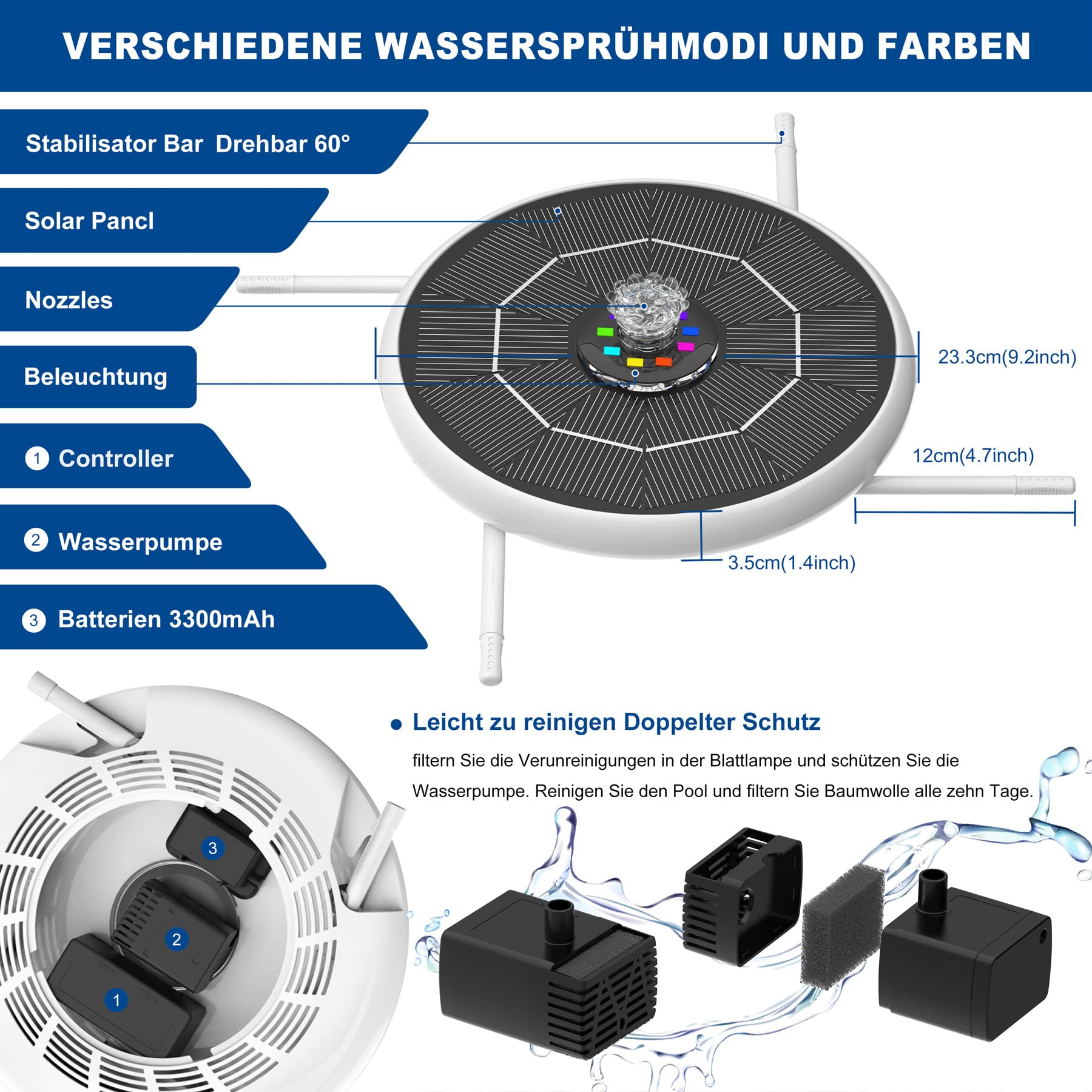 Forever Speed Fontein op zonne-energie, 7 W, met verlichting, met batterij, fontein op zonne-energie, voor tuin, vijver, kleine vijver, maximale watersproeihoogte 0,85 m, 230 l/h