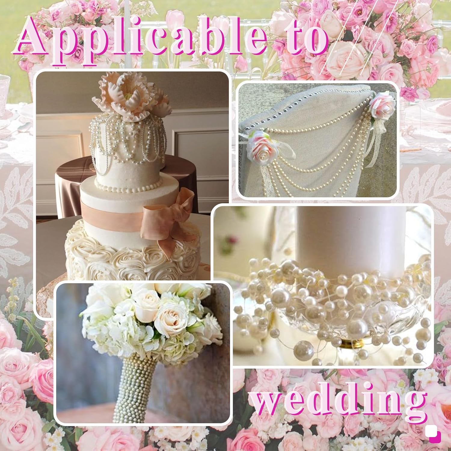 4 Rolls 76 Feet Pearls String Garland, Faux Pearl Beads Roll Strand for Crafts, Artificial Pearls Chain Trim for Wedding Party Flower Valentine Christmas Decoration, 4mm 6mm 8mm 8+3mm, Ivory