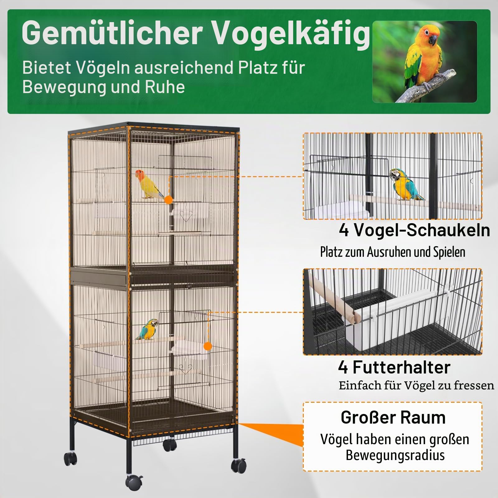 Vogelkäfig Groß 52 x 50x143cm, Vogelvoliere für Wellensittich Papagei Nymphensittiche Chinchilla, Nagerkäfig 2 Ebenen mit Ständer & Rollen & 4 Türen, Abnehmbarem Tablett und Futtertrögen, Schwarz