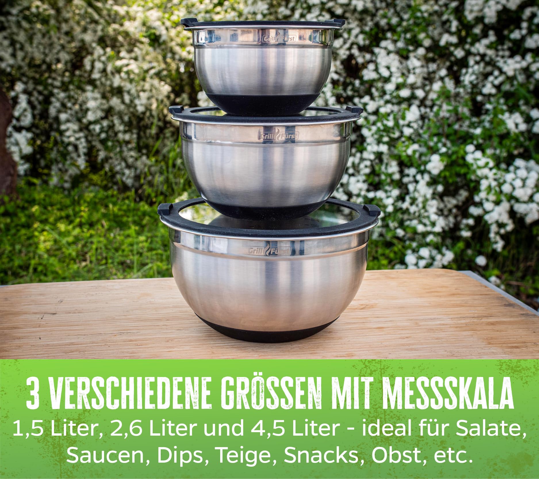 Grillfürst BBQ Edelstahlschüssel Set 3-teilig mit luftdichtem Glasdeckel und Messmarkierung - Rührschüsseln - Salatschüsseln - 1,25l, 2,25l, 4,0l