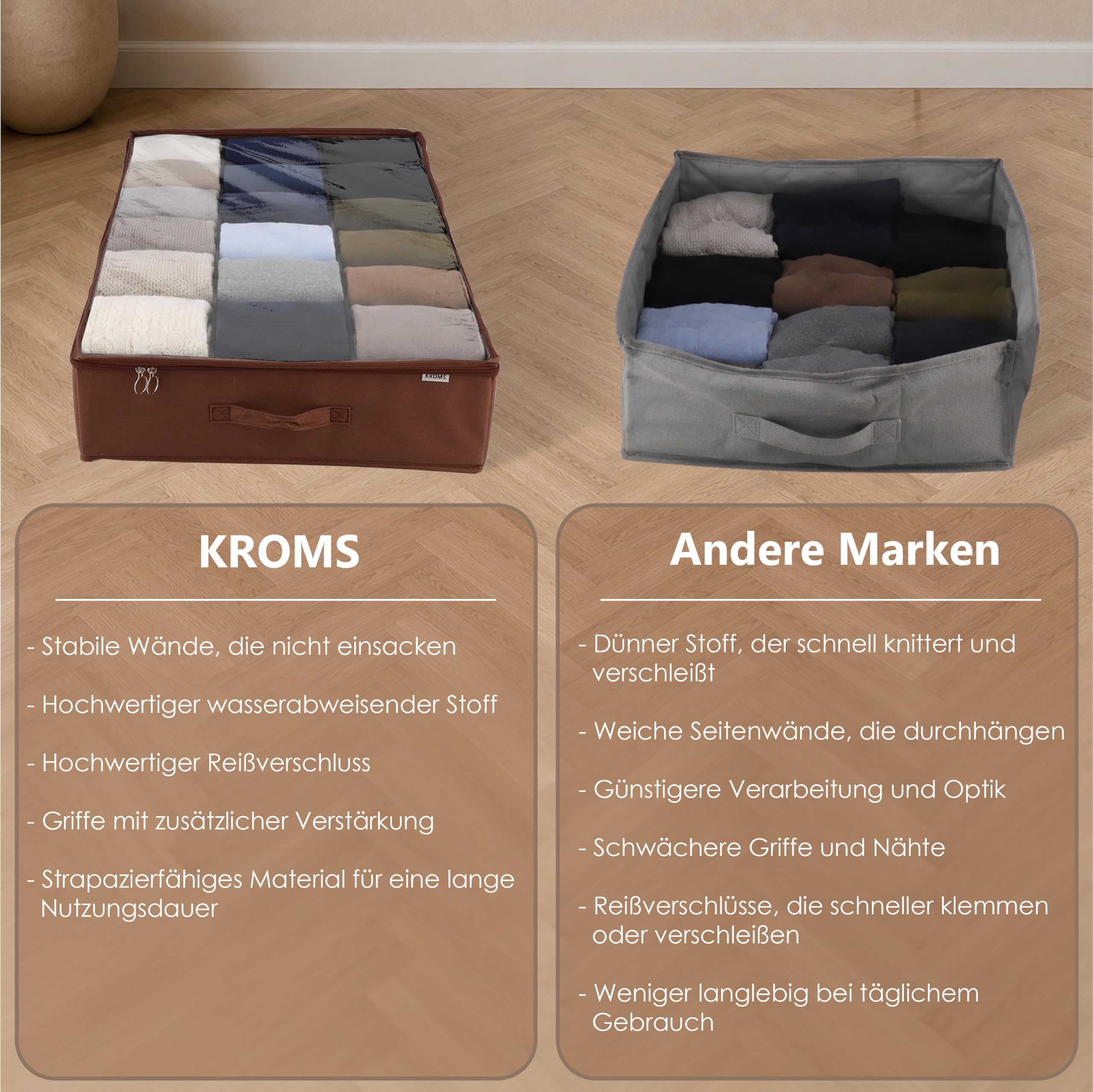 Unterbett Aufbewahrung 2er Set - Braun - 100 x 60 x 15 cm - Aufbewahrungsbox mit Deckel - Bettwäsche, Kleidung & Decken - Unterbett Aufbewahrungsbox faltbar - Kleiderschrank Organizer
