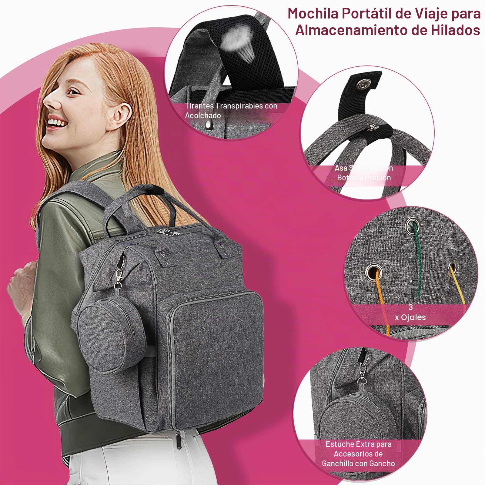 Coopay Bolsa de Punto Multifunción, Bolsa de Ganchillo de Viaje con 6 Agujeros, Gran Bolsa de Almacenamiento de Hilo para Proyectos Inacabados, Accesorios de Punto y Ganchillo (Gris)