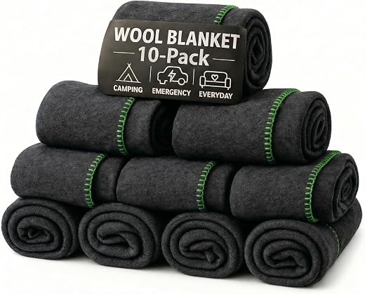 Wool Camping Blanket – 70% Wool Heavy-Duty Military Style Throw, Warm & Washable, Fire Retardant Cover for Emergency, Surv...