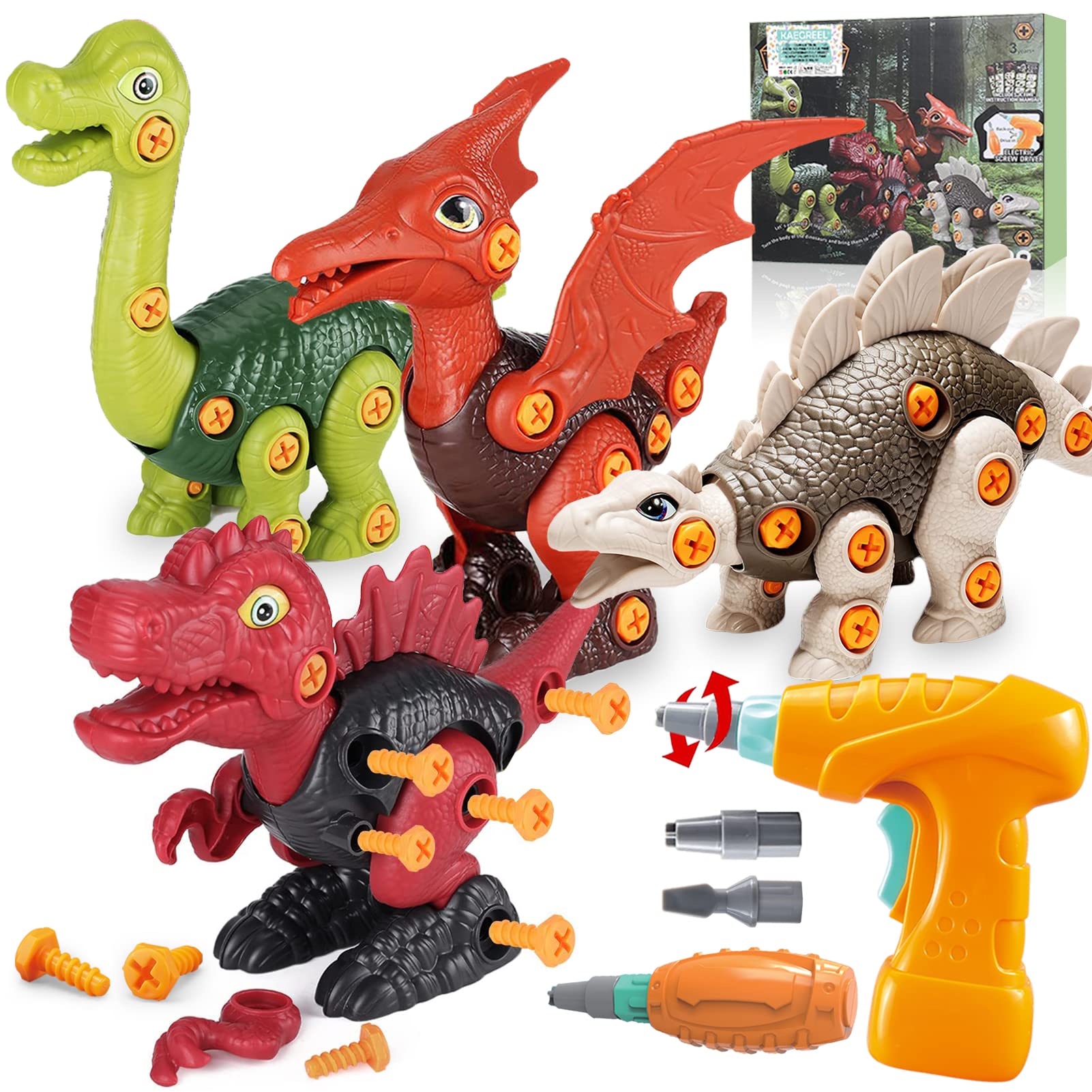 Juego De Dinosaurios Con Taladro Eléctrico Y Jaula De Almacenamiento | 3 Dinosaurios Desmontables Y Articulados | Juguete STEM Para Niños De 3 A 7 Años | Regalo Educativo