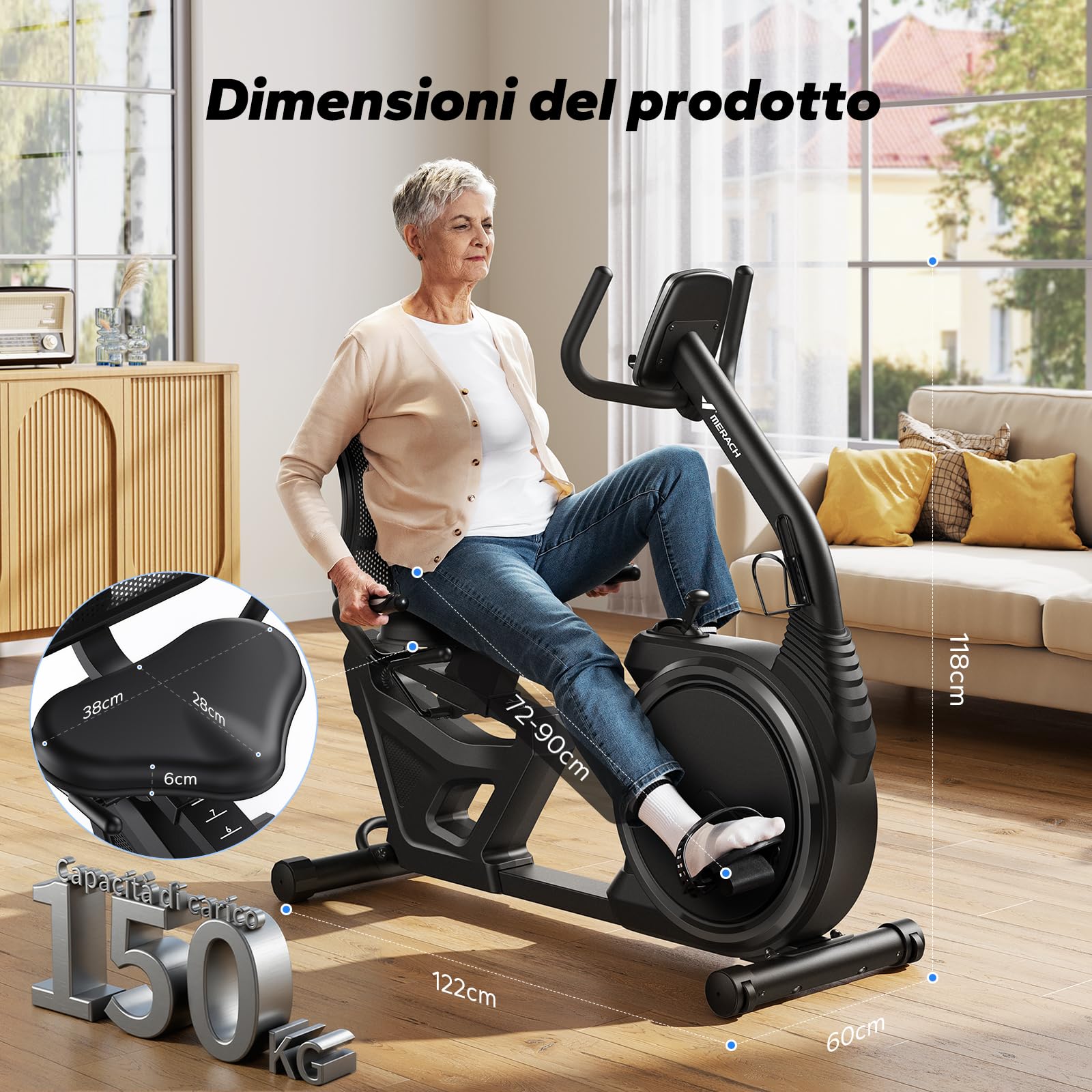 MERACH Cyclette da Seduta, Recumbent Bike con 8 Livelli di Resistenza Regolabili, Cyclette Leggera Tipo Commerciale, Cyclette per Anziani con Esclusiva App, Display LCD, Sensori di Frequenza Cardiaca