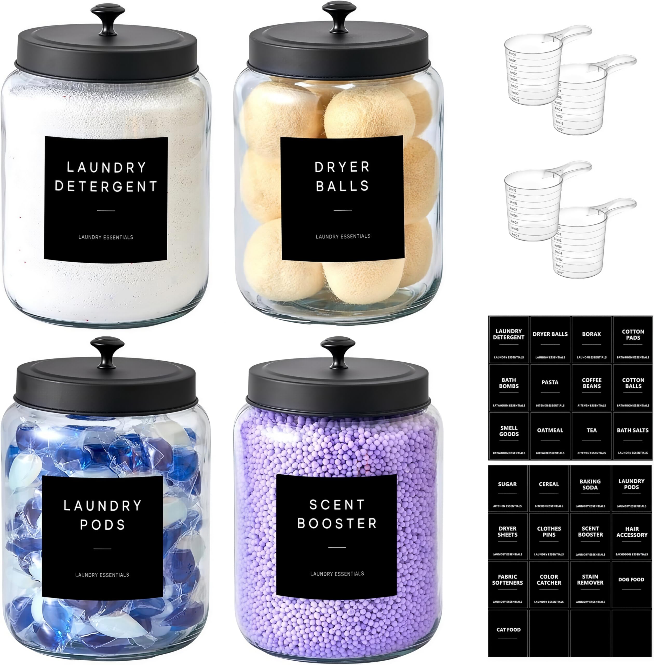 BIKALAN Waschmittel Pods Aufbewahrung Glas, 2L Waschpulver Glasbehälter Vorratsdosen mit Edelstahl Deckel Luftdicht und 26 Aufkleber, Mehl behälter, Pasta Vorratsgläser (2L-Schwarz*4)