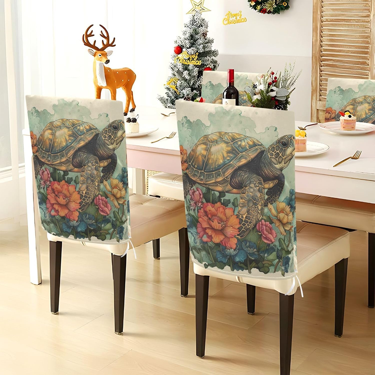 ALAZA Vintage Turtle Flowers Chair Back Cover Set of 6, Washable Reusable Removable Chair Slipcovers Decorative Chair Cover for Home Kitchen Wedding Party